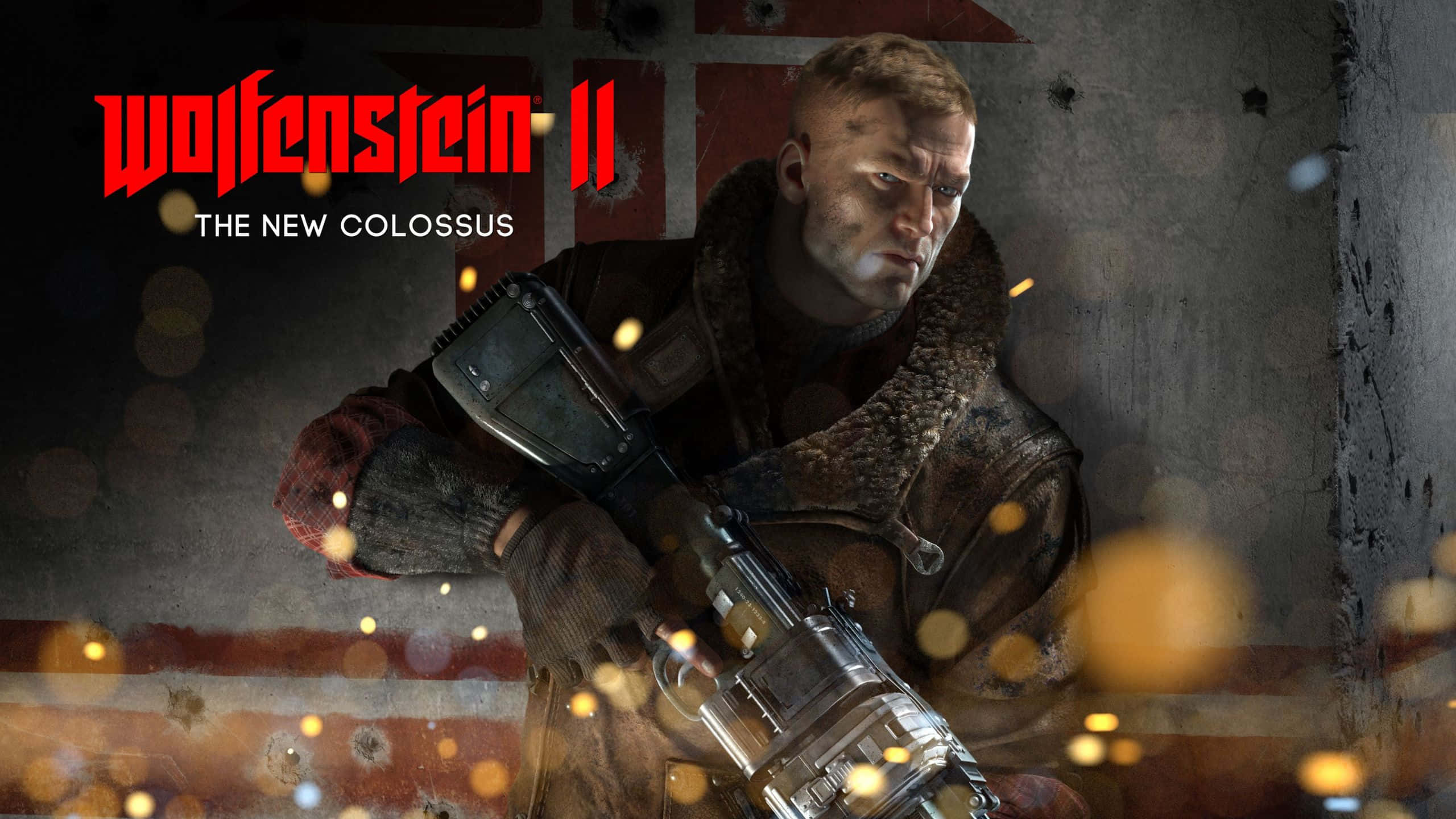1440p Wolfenstein II — Blazkowicz 躲藏角落背景 壁紙 — 一名身穿毛領外套的粗獷士兵，在佈滿彈孔牆壁和閃爍火花的戰火摧殘走廊中，緊握著重型機槍。