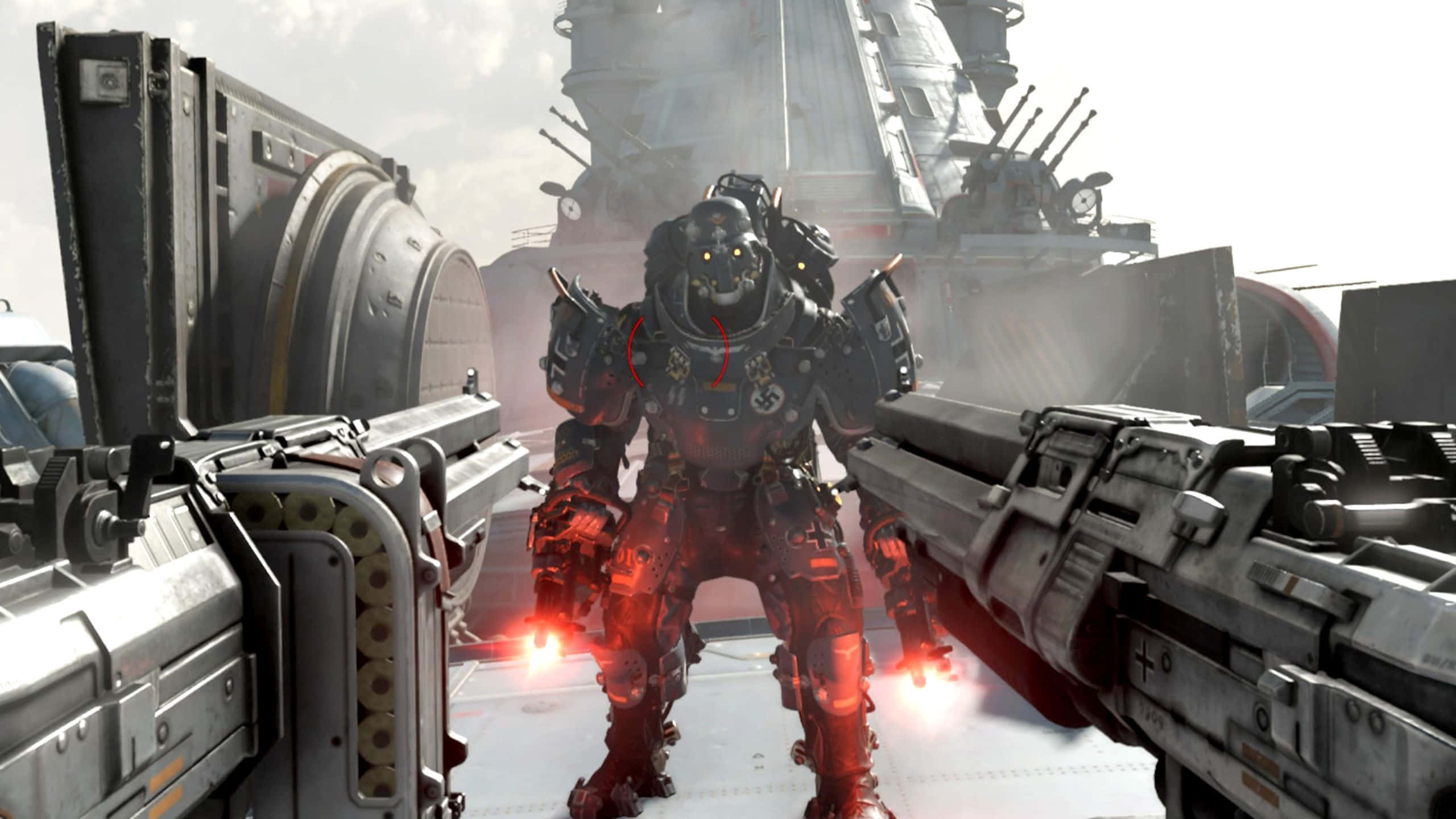 1440p Wolfenstein II — Ausmerzer 最終戰鬥背景 壁紙 — 一個威嚇的裝甲士兵穿著發光的紅色靴子，站在戰艦機庫中，兩側是巨大的武器。