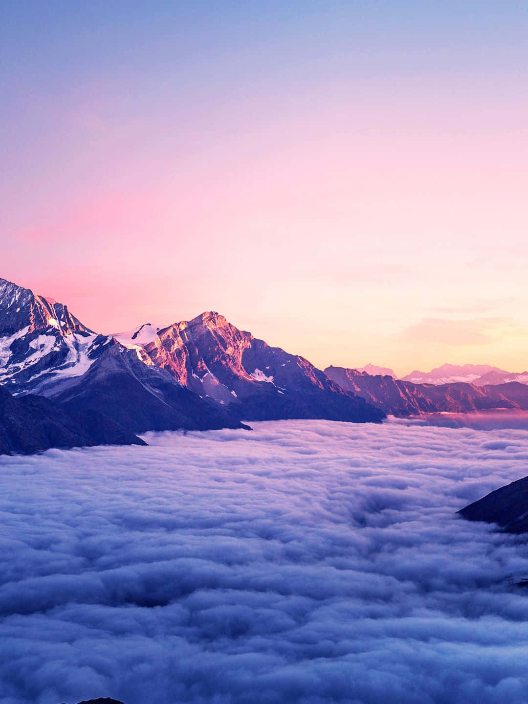 1440p 自然背景：雲霧環繞 壁紙 — 白雪覆蓋的山峰在日出時穿透粉紅色和紫色的天空，下方是蓬鬆的雲海。