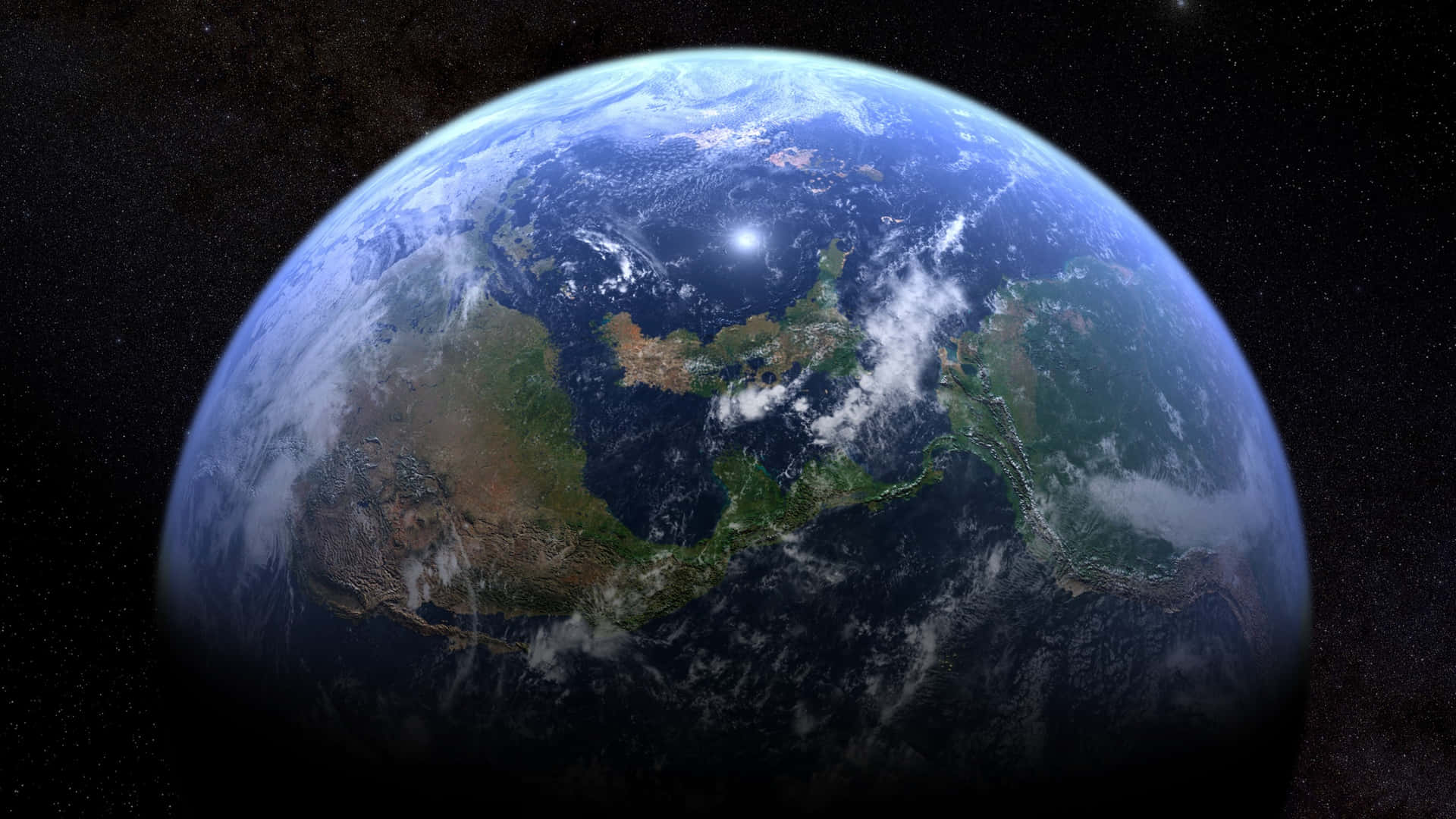 從太空看到的地球，大陸、海洋和雲層在繁星背景下清晰可見。