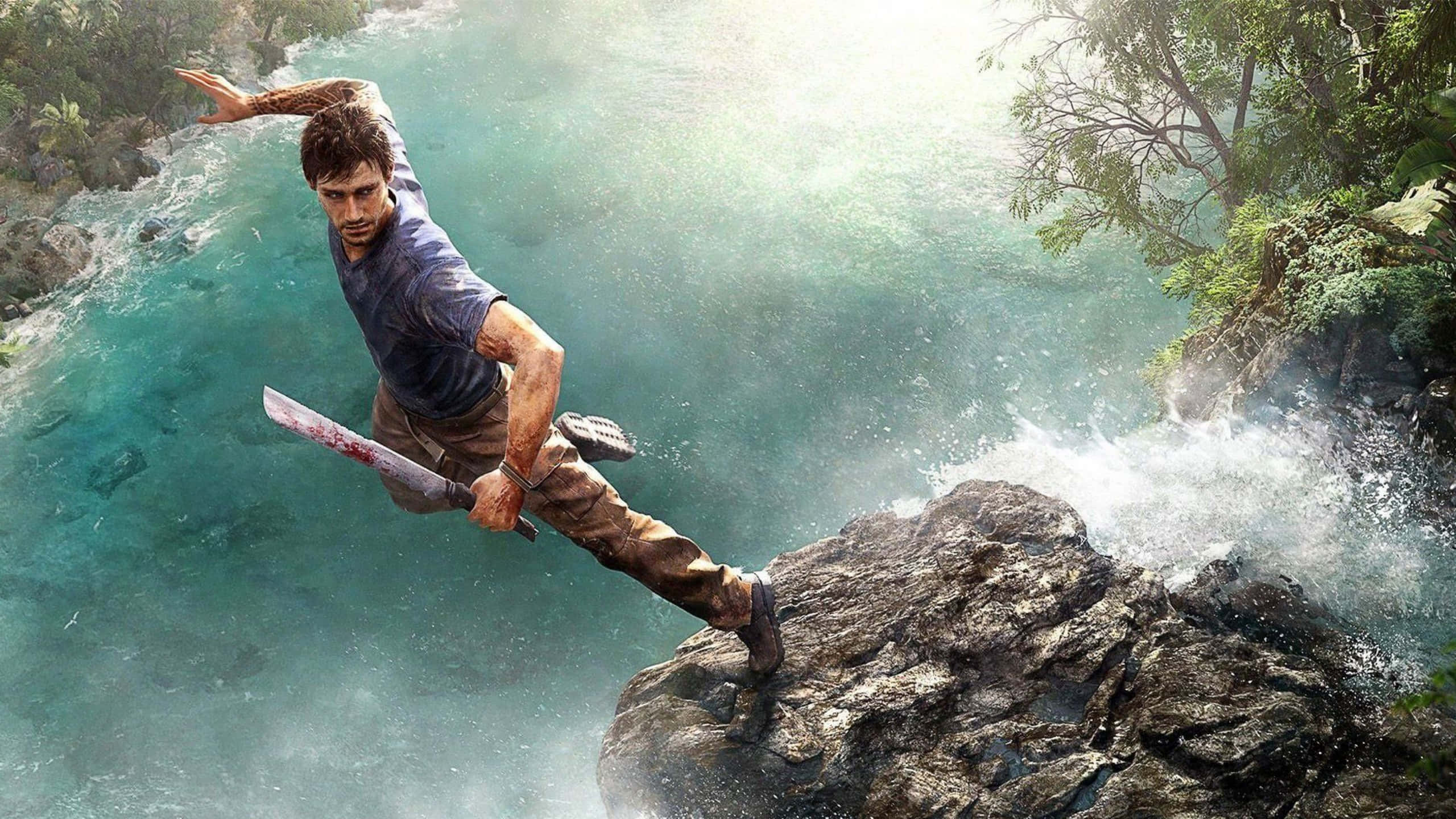 1440p《孤島驚魂3》傑森跳水背景 壁紙 — 一名男子從懸崖跳入碧綠色的水中，手持沾滿血跡的砍刀，周圍是茂密的叢林。