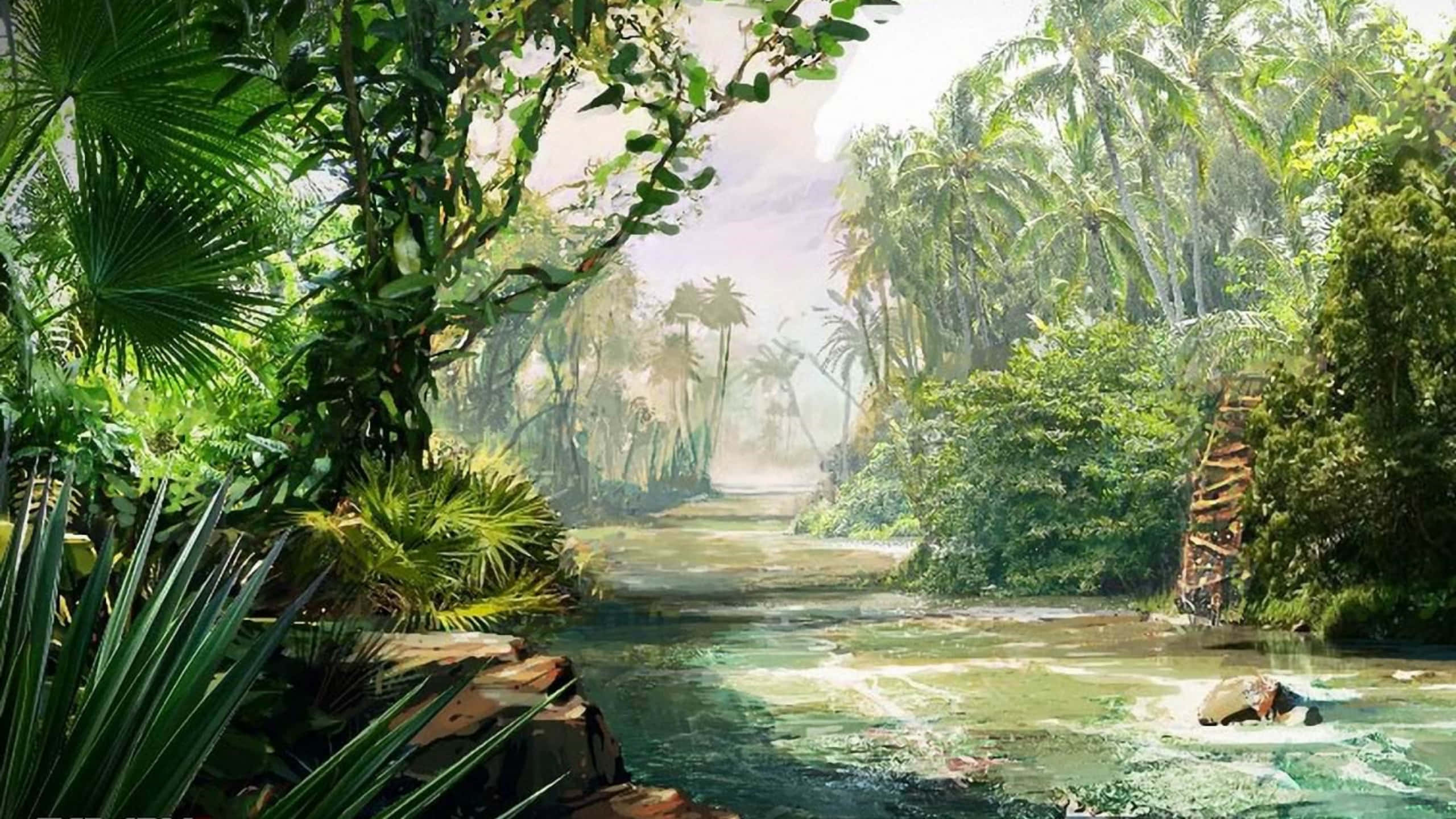 1440p《孤島驚魂3》樹木與植物背景 壁紙 — 一條陽光照耀的叢林河流蜿蜒穿過茂密的熱帶植物，有棕櫚樹和蕨類植物，天空朦朧。