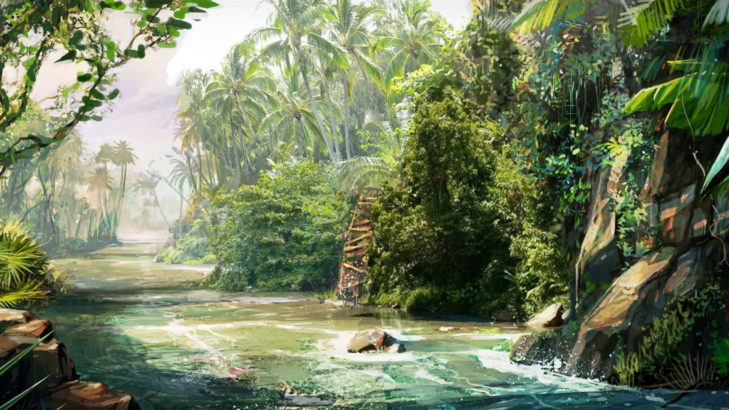 1440p《孤島驚魂3》河畔背景 壁紙 — 一條寧靜的熱帶河流蜿蜒穿過茂密的叢林，兩旁有棕櫚樹和長滿苔蘚的岩石，在柔和日光下。