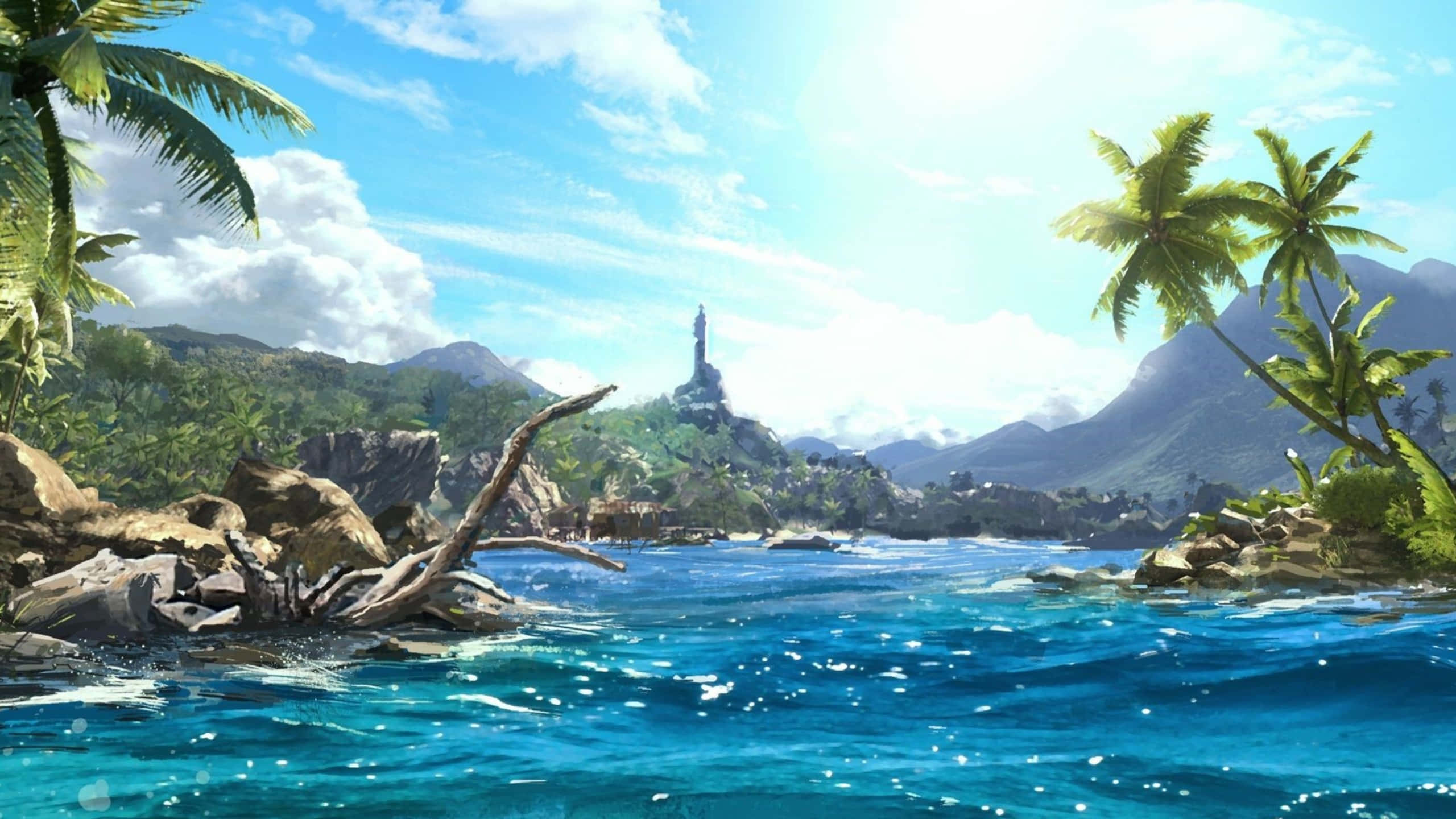 1440p《孤島驚魂3》蔚藍水域背景 壁紙 — 一個充滿活力的熱帶海灣，碧綠的海水被棕櫚樹和遠處的山脈環繞，在明亮的藍天下。