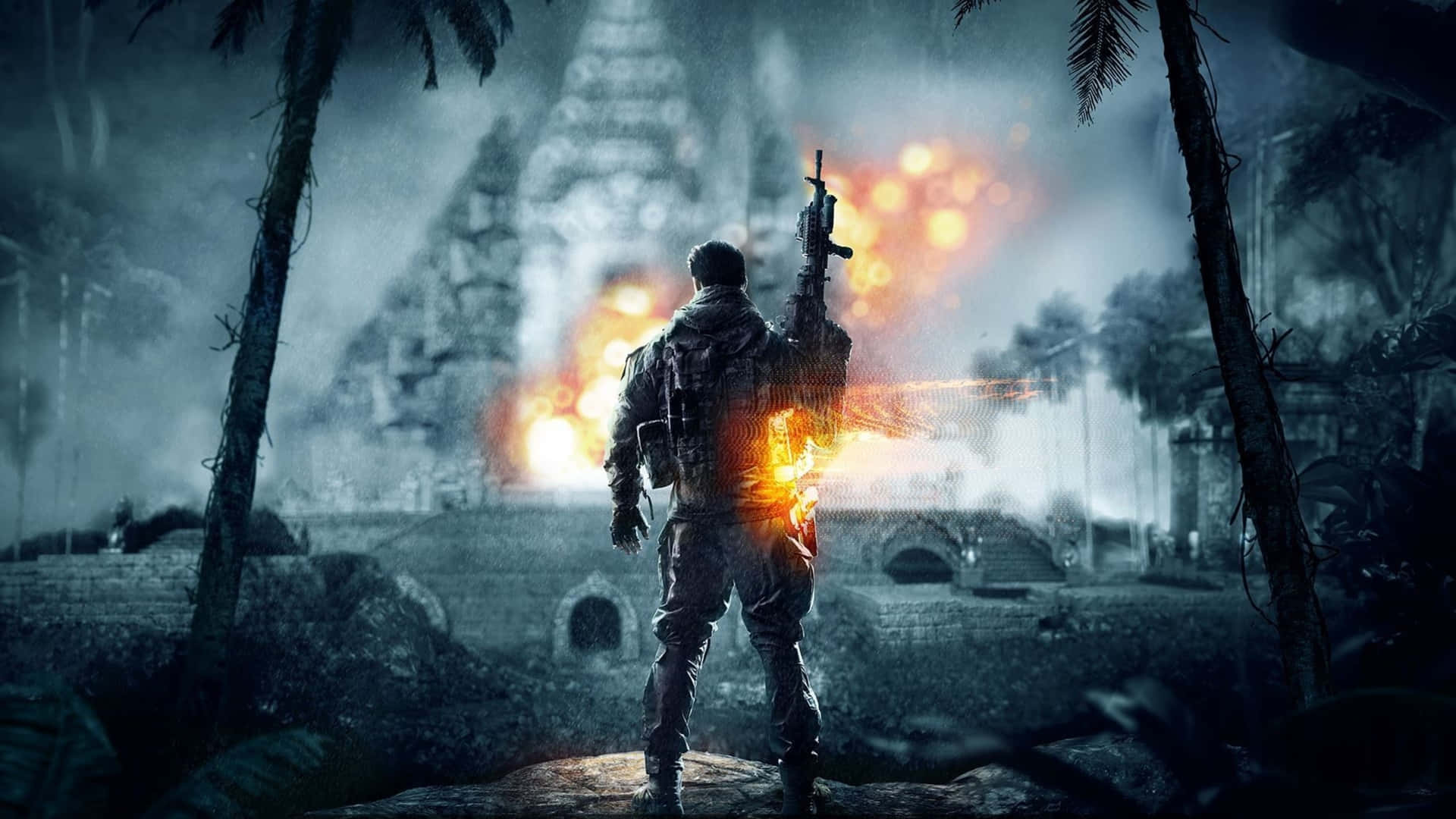 叢林寺廟中的士兵在夜間面對熾熱的爆炸。