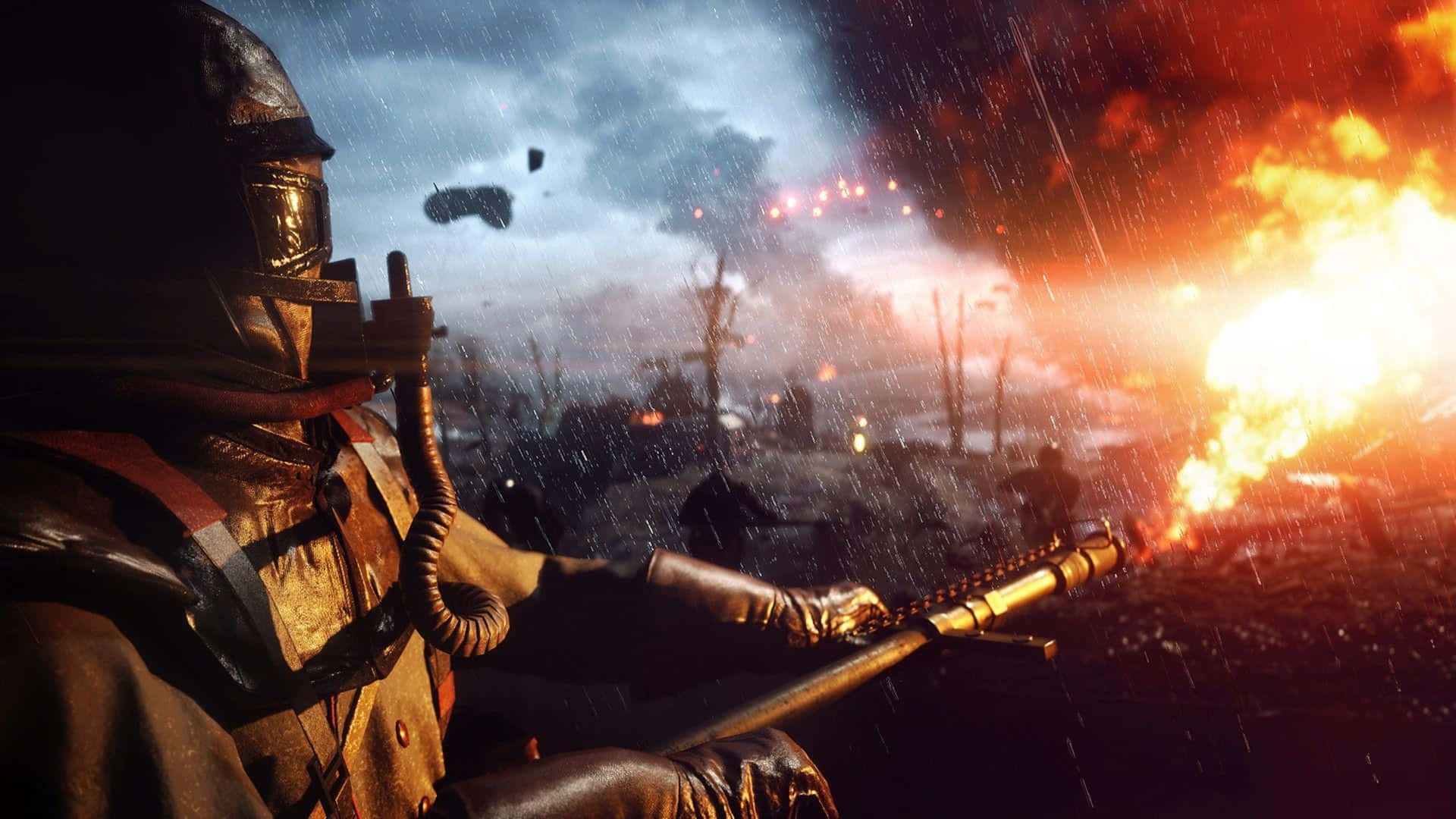士兵身穿戰鬥裝備在暴雨中的火熱戰區開火。