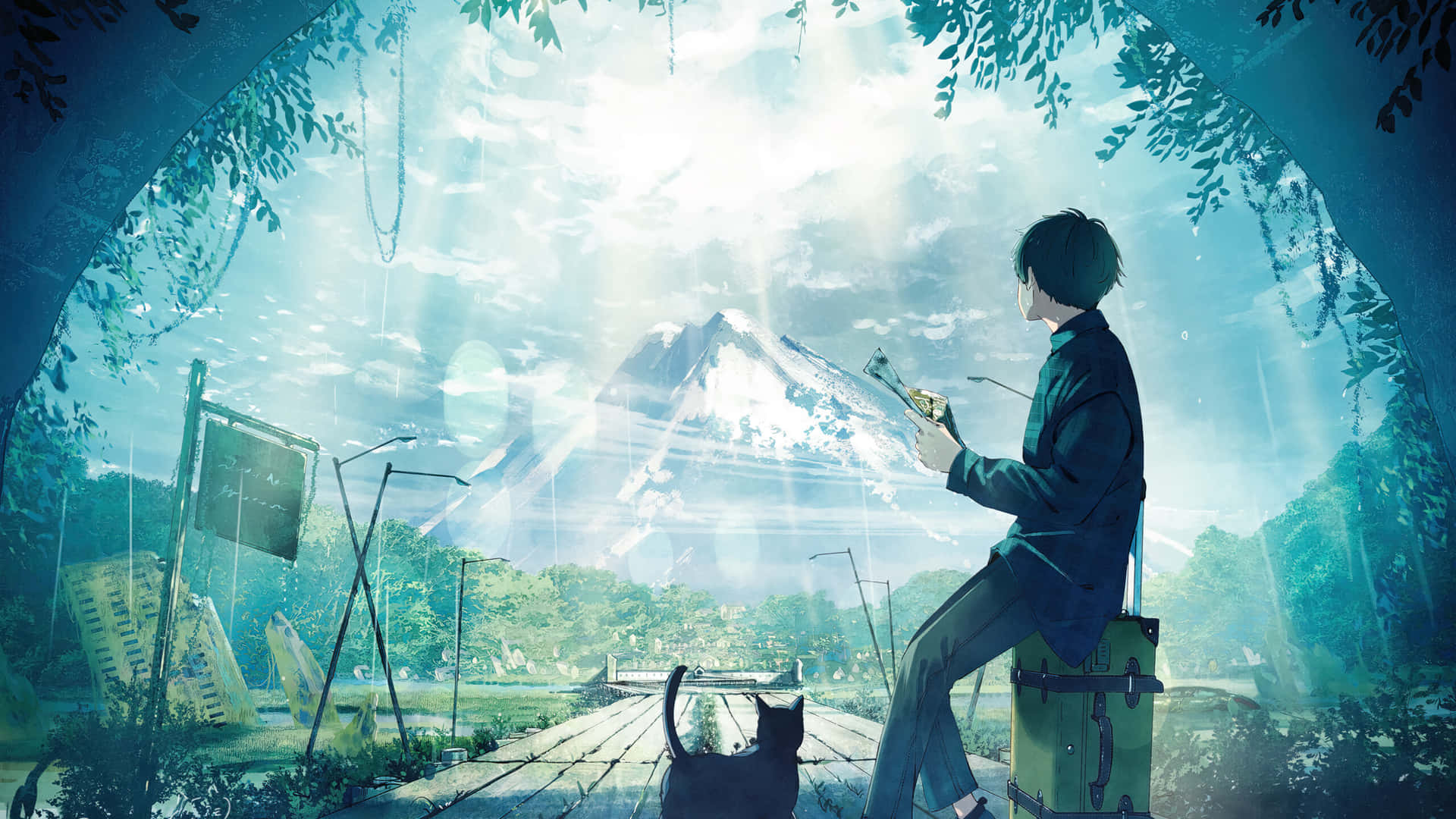 一位帶著貓的旅行者坐在行李箱上，透過森林拱門看著一座山。