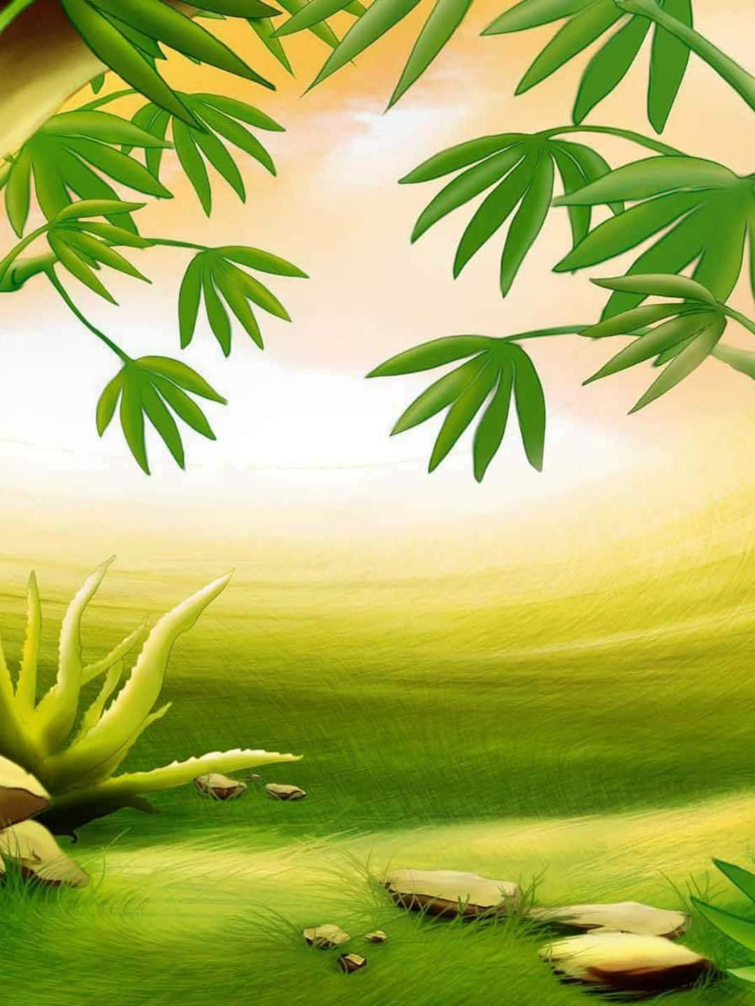 綠色竹葉框住了一片陽光明媚的草地，有蘆薈和石頭。