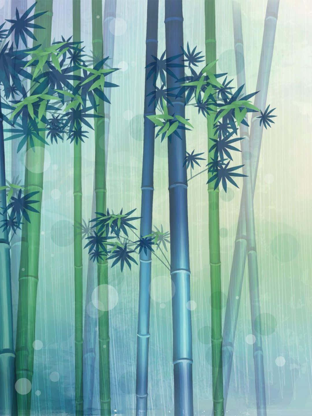高大的竹莖帶著綠葉，在霧氣繚繞的寧靜森林場景中。