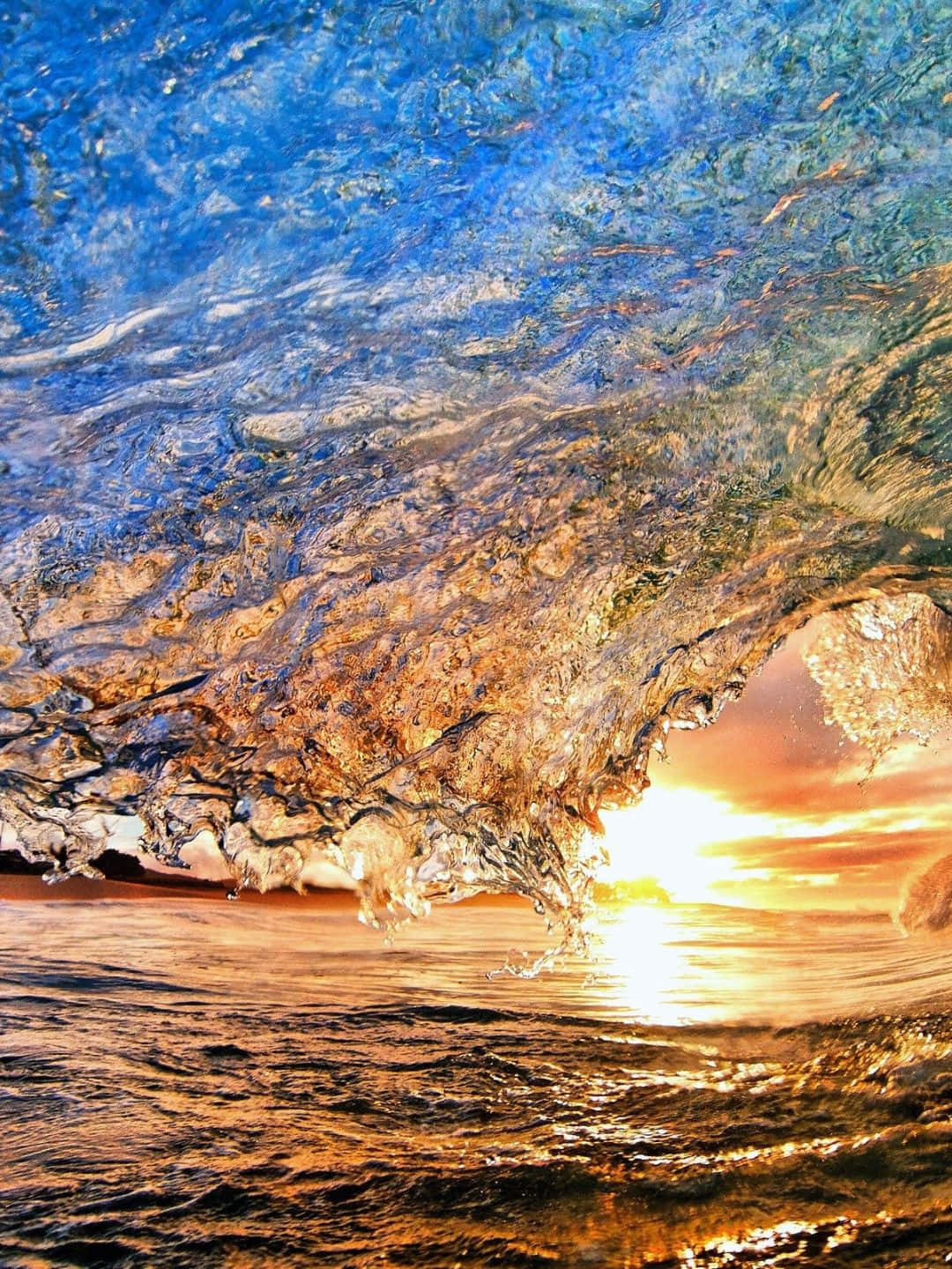 1440p 自然背景：明亮天空下的蔚藍海洋 壁紙 — 一道動態波浪在頭頂捲曲，透過其半透明弧線顯現出金色夕陽。