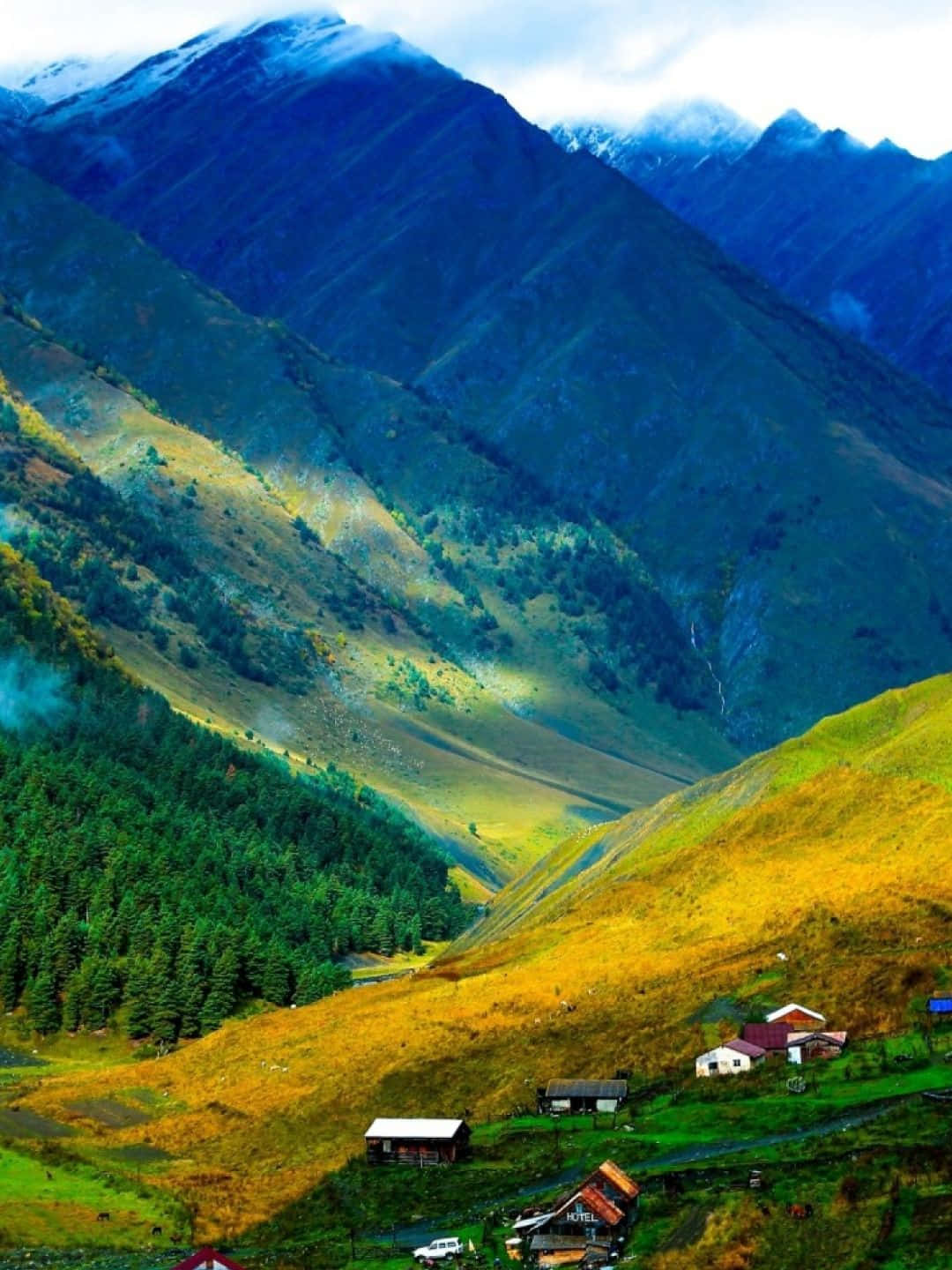 1440p 自然背景：藍綠山谷與屋舍 壁紙 — 一個充滿活力的山谷，有白雪覆蓋的山峰、綠色森林和散落的小屋，沐浴在金色的陽光下。