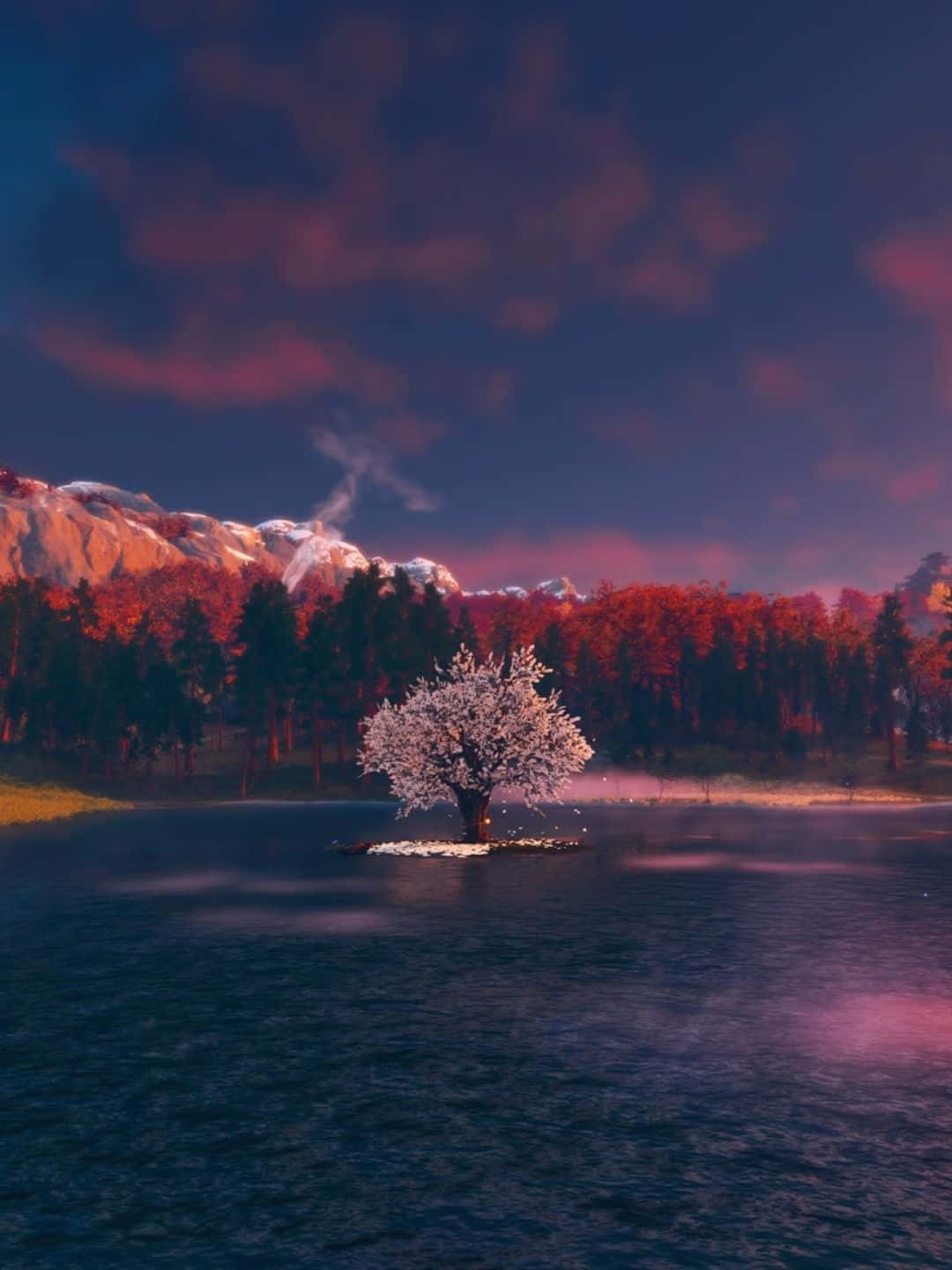 1440p 自然背景：遊戲畫面 壁紙 — 一棵孤獨的櫻花樹在黃昏時分霧氣瀰漫的湖中小島上盛開，背景是雪山和秋林。