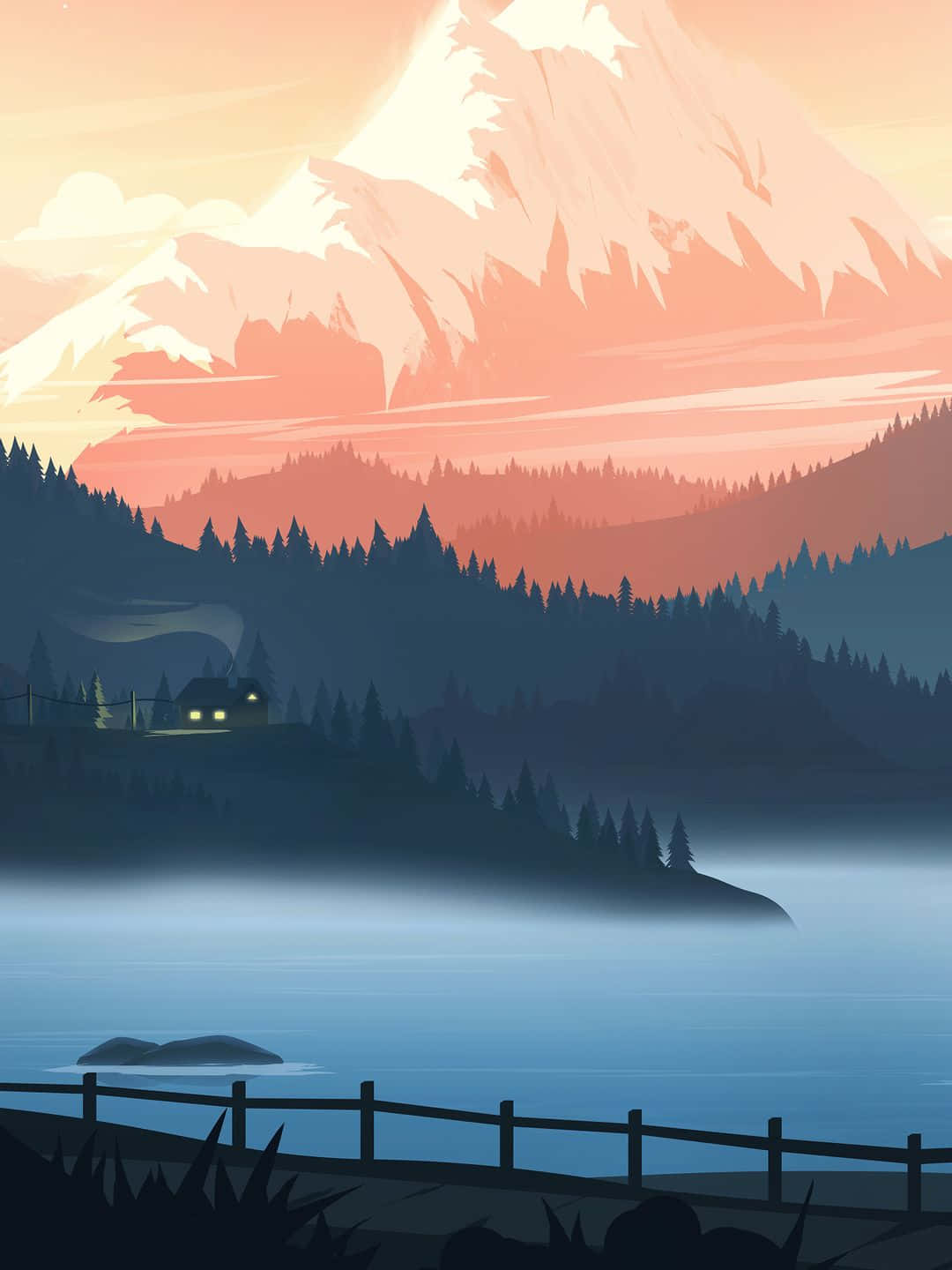 1440p 自然背景：霧氣湖景 壁紙 — 一間舒適的小木屋在黃昏時分對著霧氣瀰漫的湖泊溫暖地發光，積雪的山峰沐浴在蜜桃色和橙色調中。