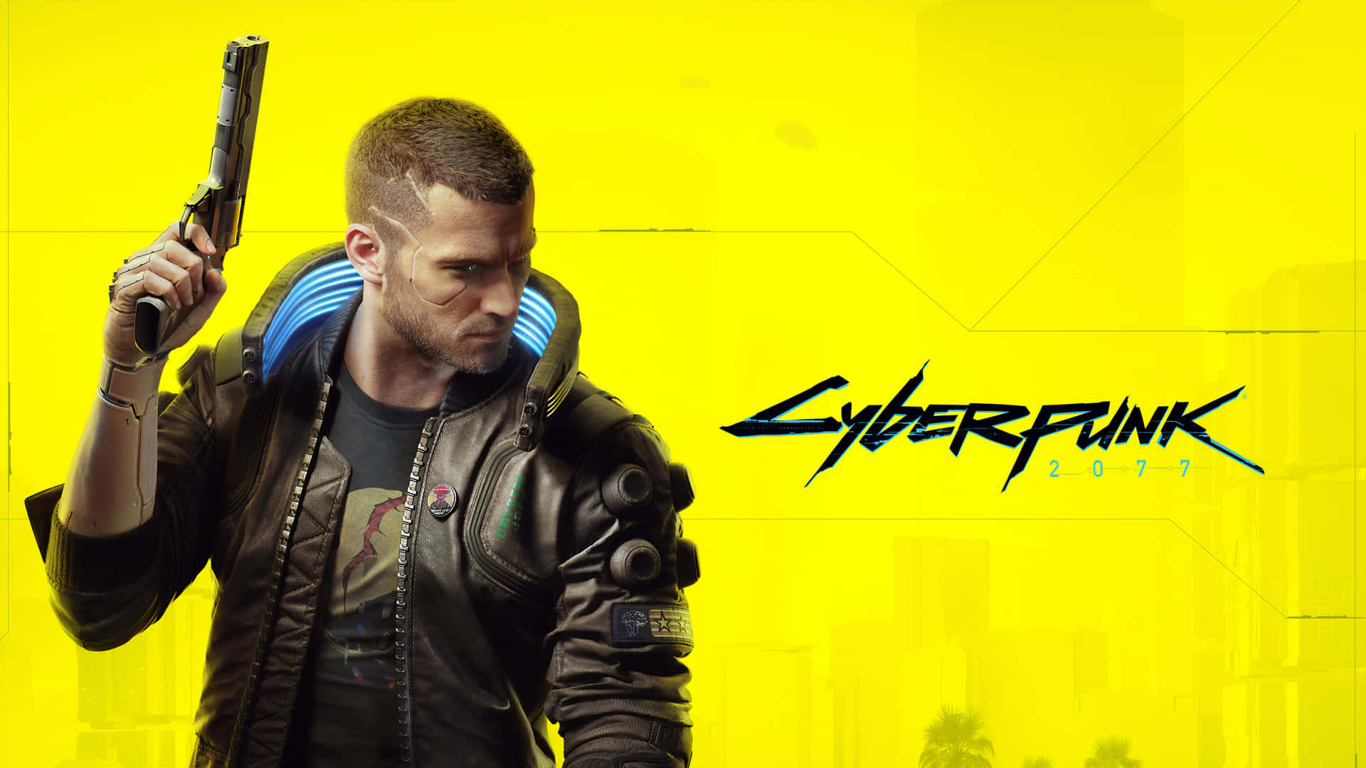 Cyberpunk 2077 主角在黃色霓虹燈場景中手持手槍。