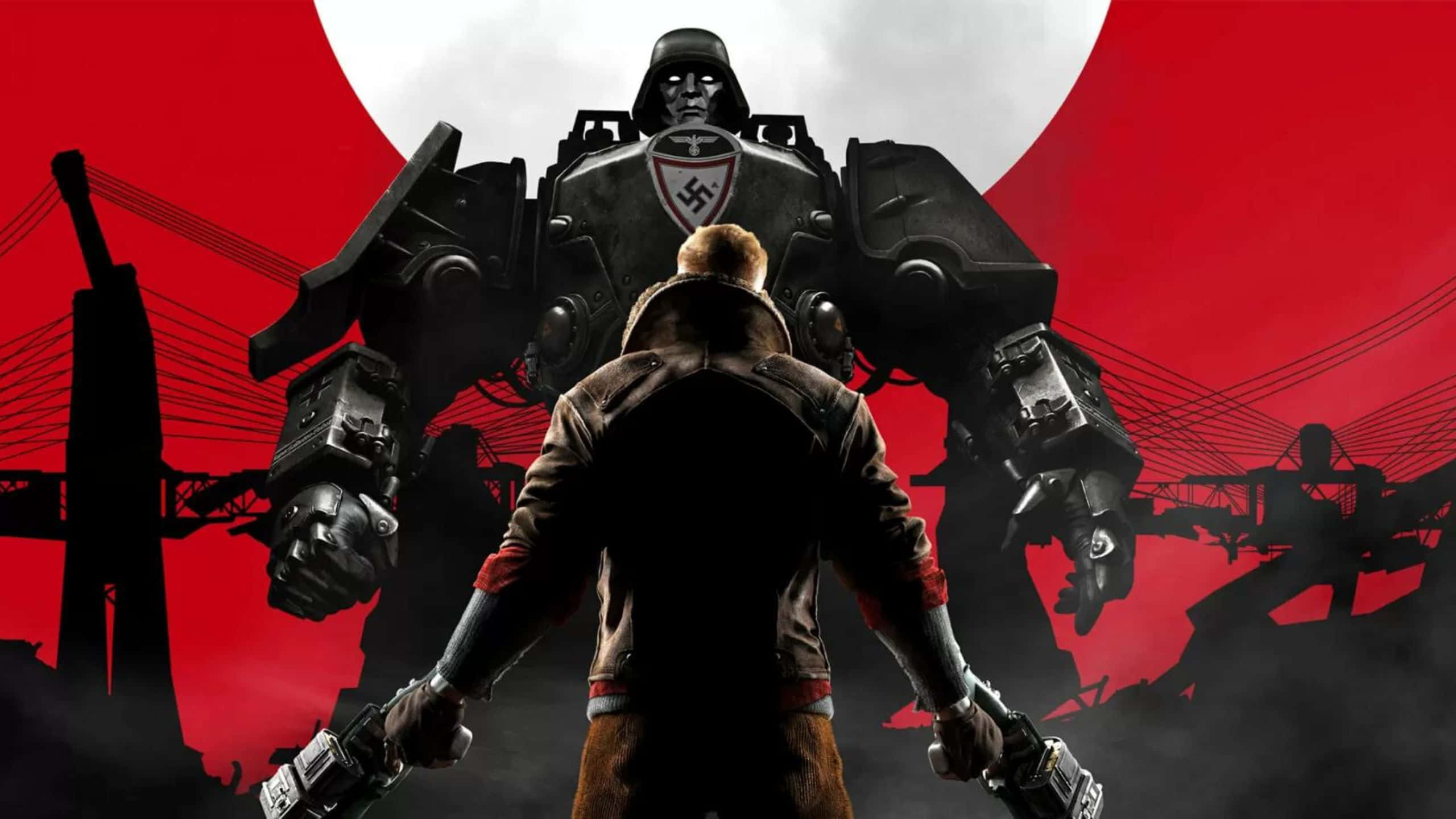1440p《Wolfenstein II》高畫質背景圖 壁紙 — 一名孤獨的士兵在反烏托邦的城市廢墟中，面對著高聳的納粹戰爭機器，背景是紅色的太陽。