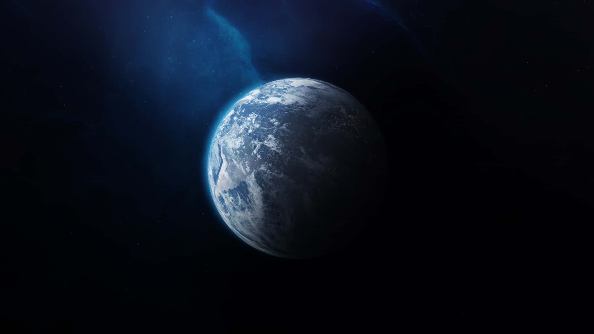 從太空看地球，藍色海洋和白色雲朵映襯在繁星點點的黑色天空中。