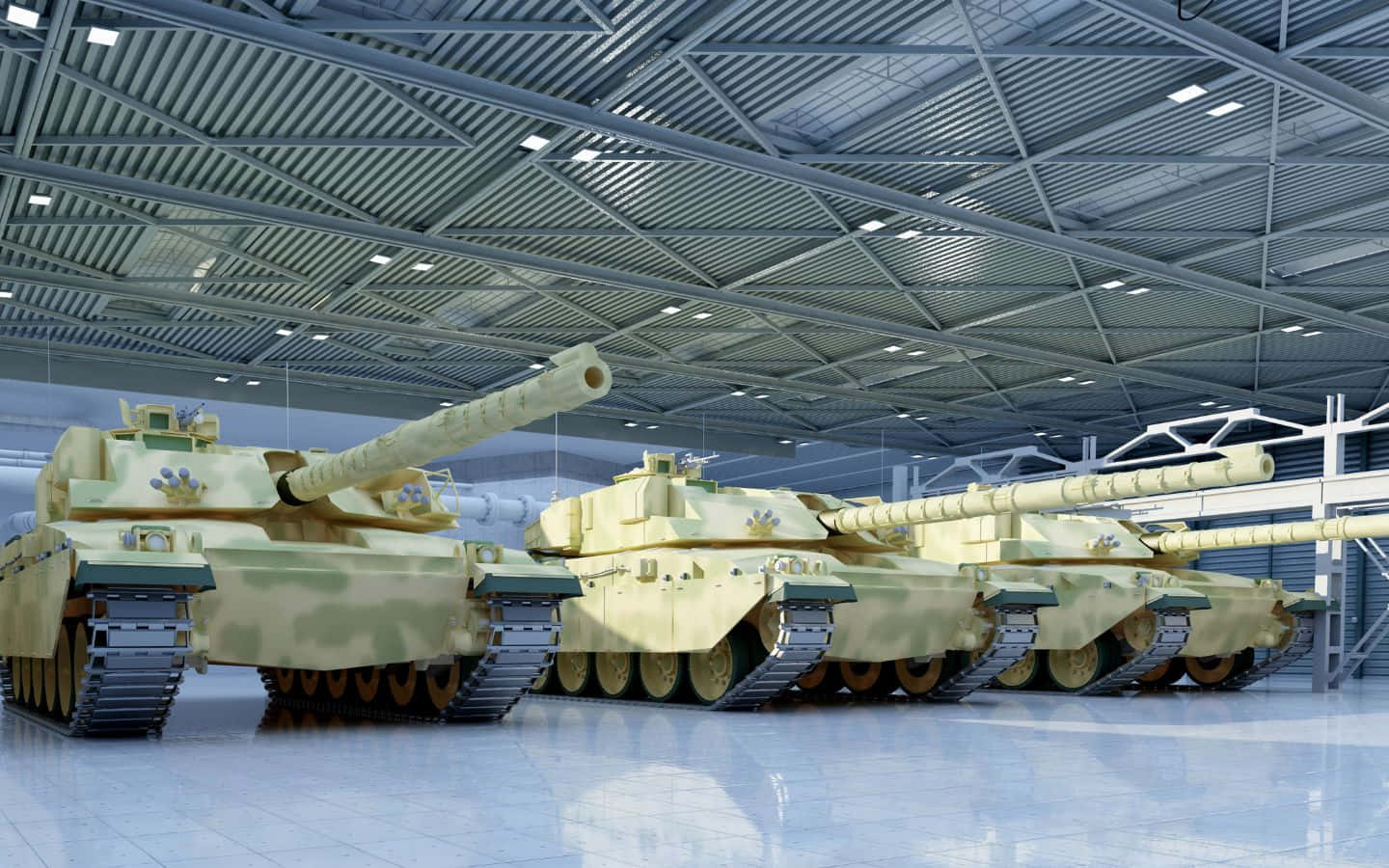 四輛沙漠迷彩軍用坦克停放在一個大機庫中。