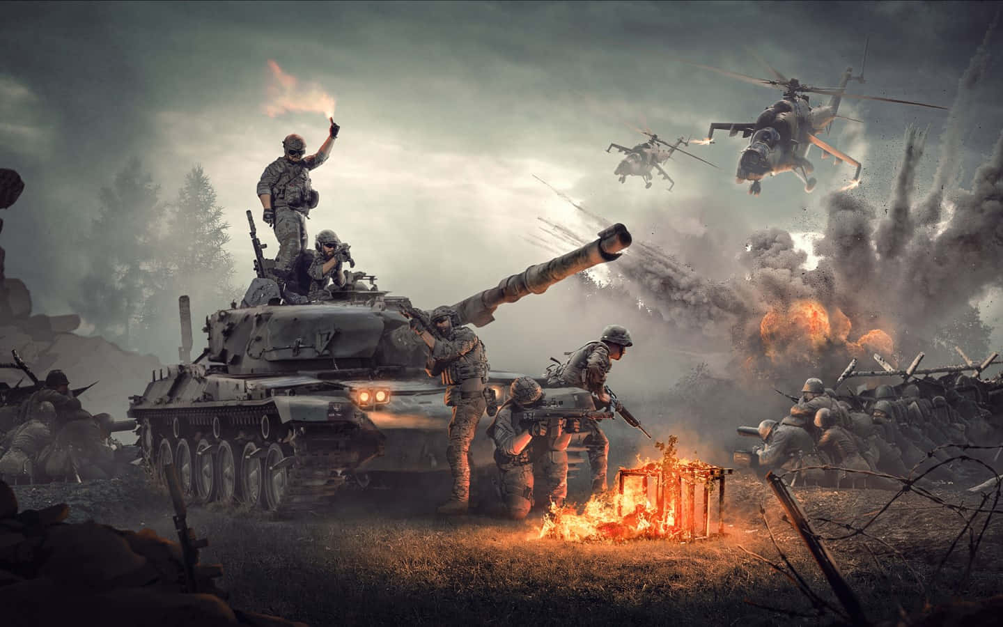 士兵在坦克附近戰鬥，直升機在頭頂飛過的戰爭場景。