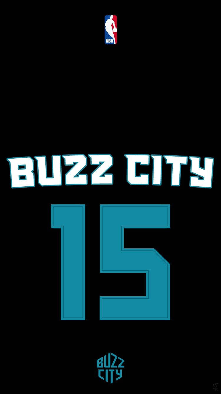 夏洛特黃蜂隊15號 壁紙 — 大膽的藍綠色「BUZZ CITY」和數字15，黑色背景上帶有NBA標誌和小型Buzz City標誌。