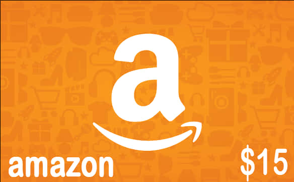 15美元亞馬遜禮品卡設計 壁紙 — 鮮豔的橙色背景上顯示白色Amazon標誌，帶有微笑箭頭和15美元禮品卡價值。