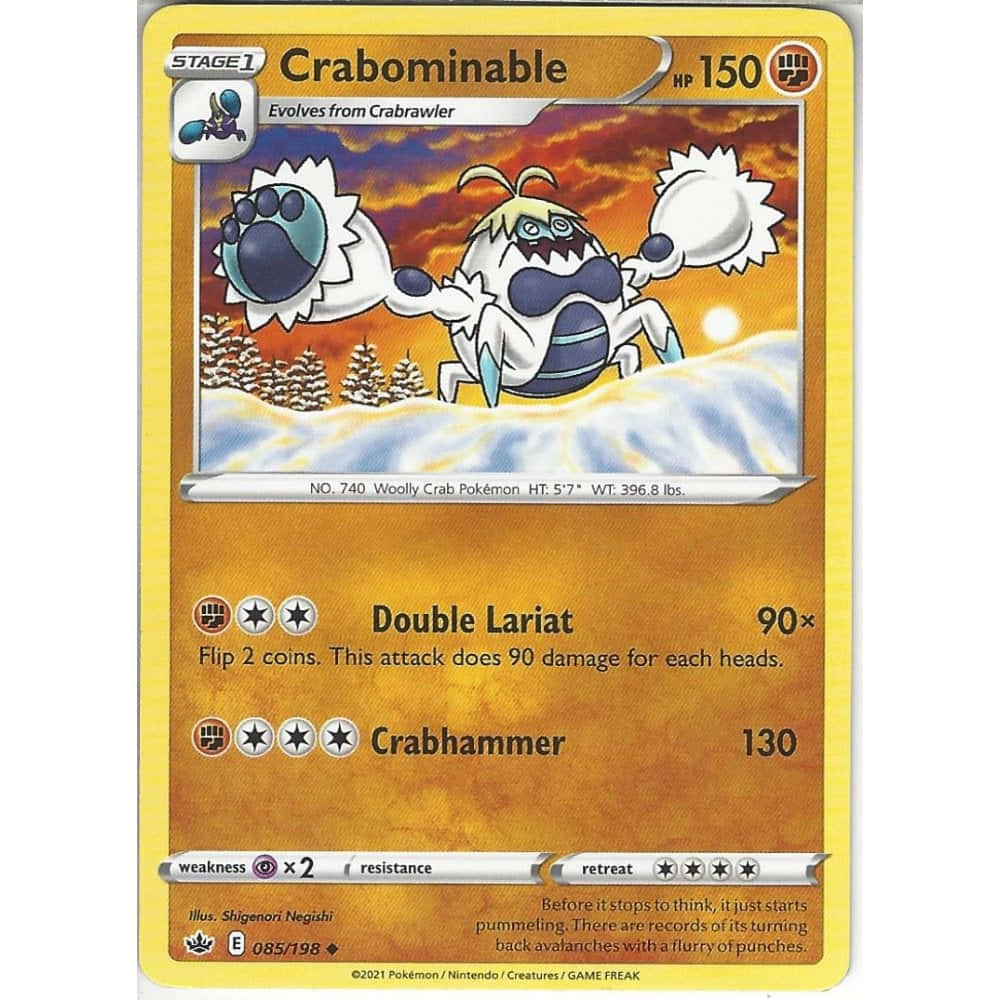 Crabominable 在雪地冬季場景中，有松樹和橙色天空。