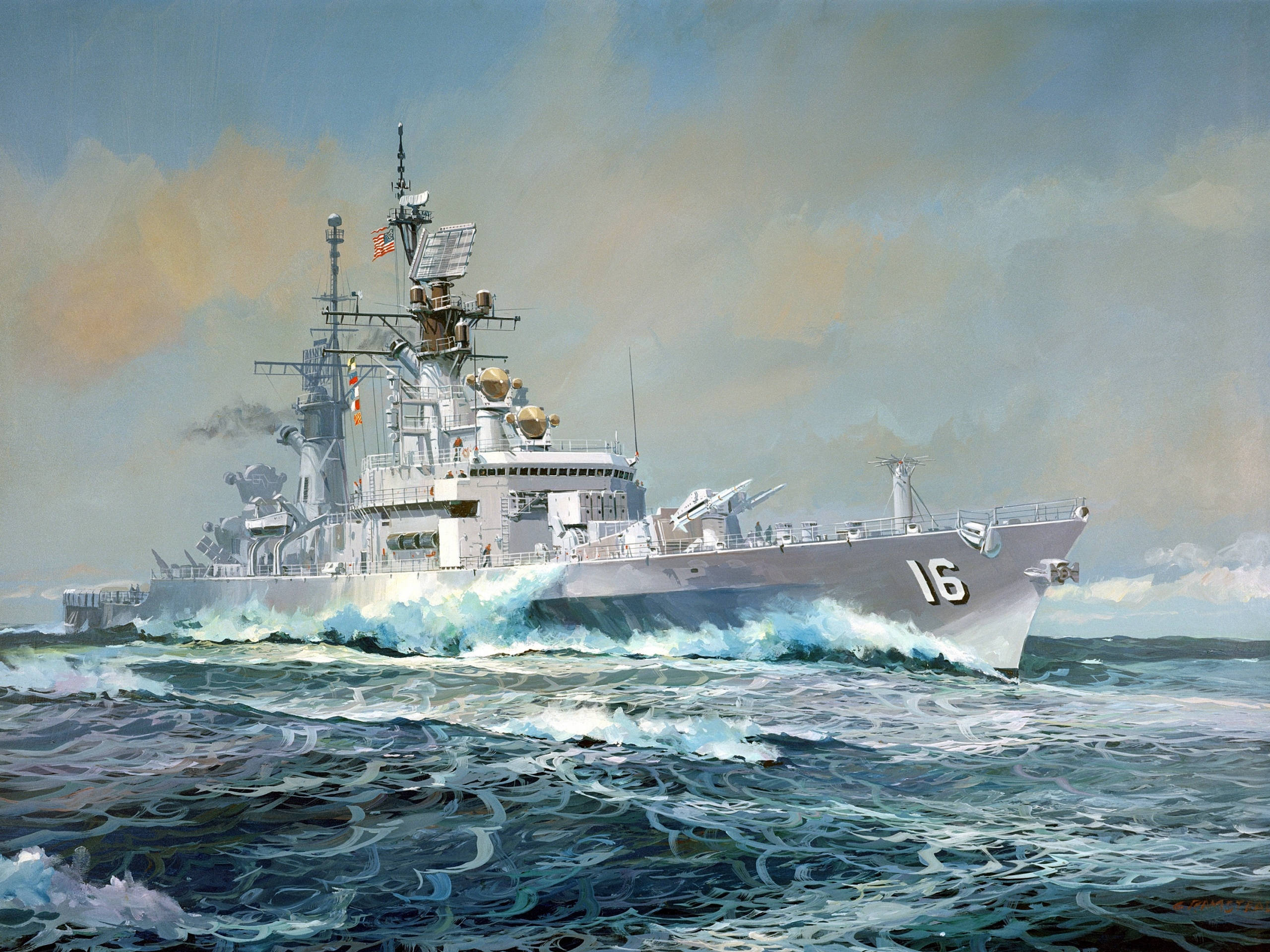 美國海軍16號艦畫作 壁紙 — 一艘灰色海軍驅逐艦在多雲的天空下劃過波濤洶湧的藍綠色海洋，可見尾跡和煙霧。