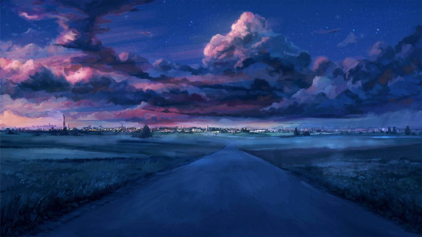 插畫風格道路 全高清 1600x900 壁紙 — 一條蜿蜒的道路在戲劇性的星空下延伸向遠方的城市，天空被紫色和粉紅色的雲彩塗抹。