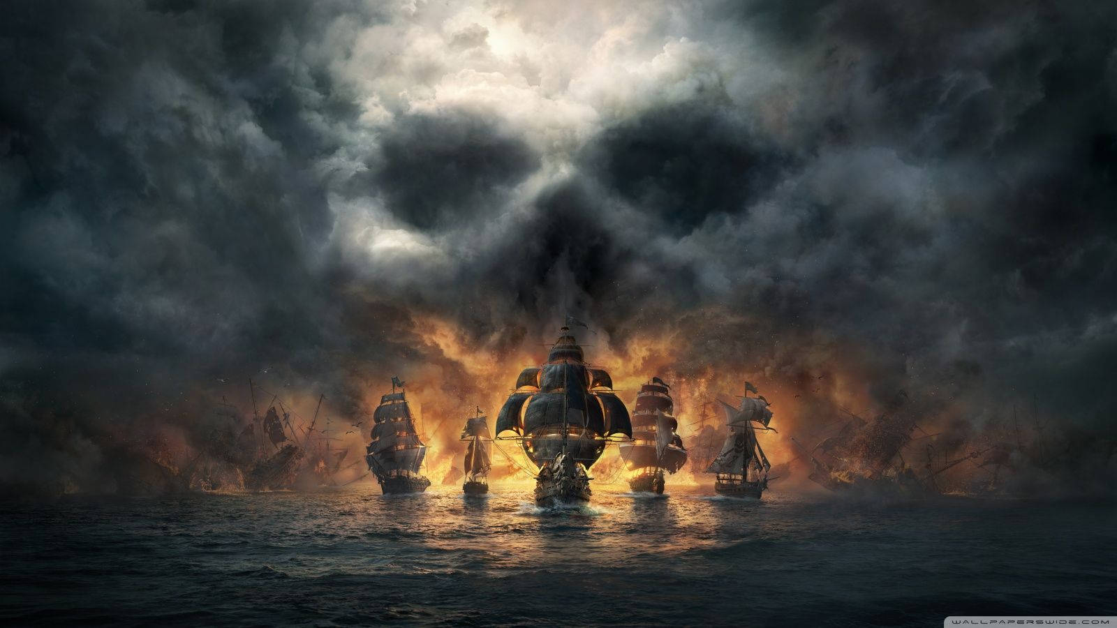 軍艦在暴風雨的海上戰鬥，伴隨著熾熱的爆炸和烏雲。