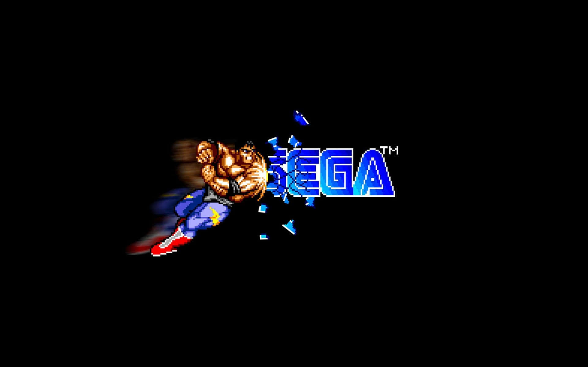 16位元圖形的美感 壁紙 — 一個像素化的 Sega 標誌，有一隻咆哮的金色獅子吉祥物穿過藍色碎片，背景為黑色。