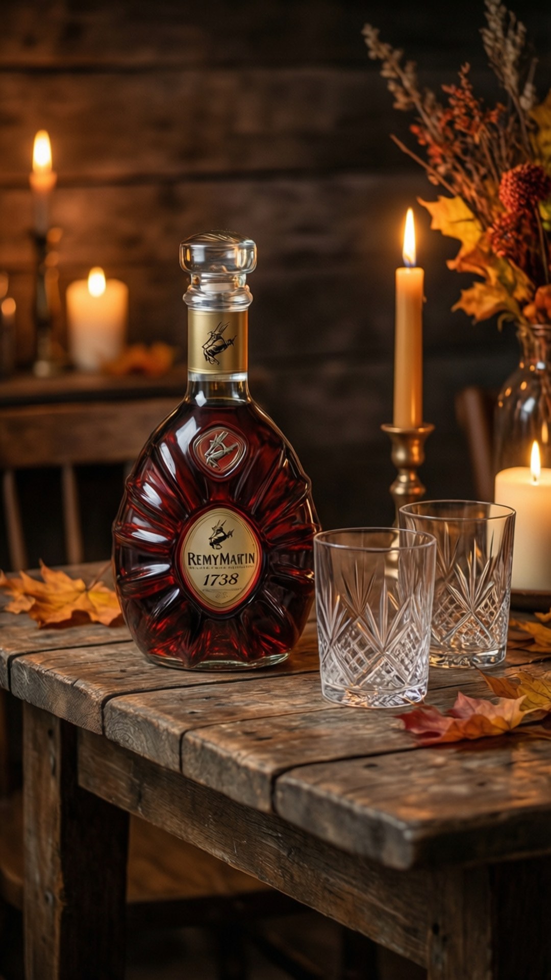 Remy Martin干邑白蘭地酒瓶與酒杯放在木桌上，配有蠟燭和秋葉。