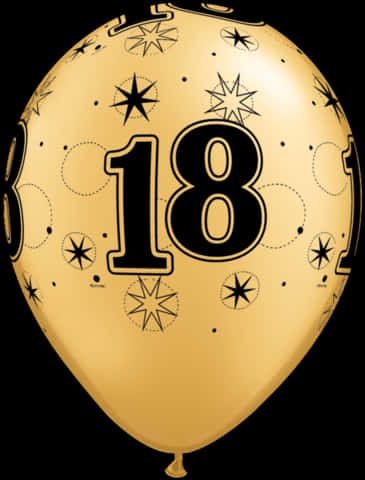 18歲生日慶祝金氣球 壁紙 — 一個閃亮的金色氣球，上面有粗體黑色數字18和星星圖案，背景為黑色。