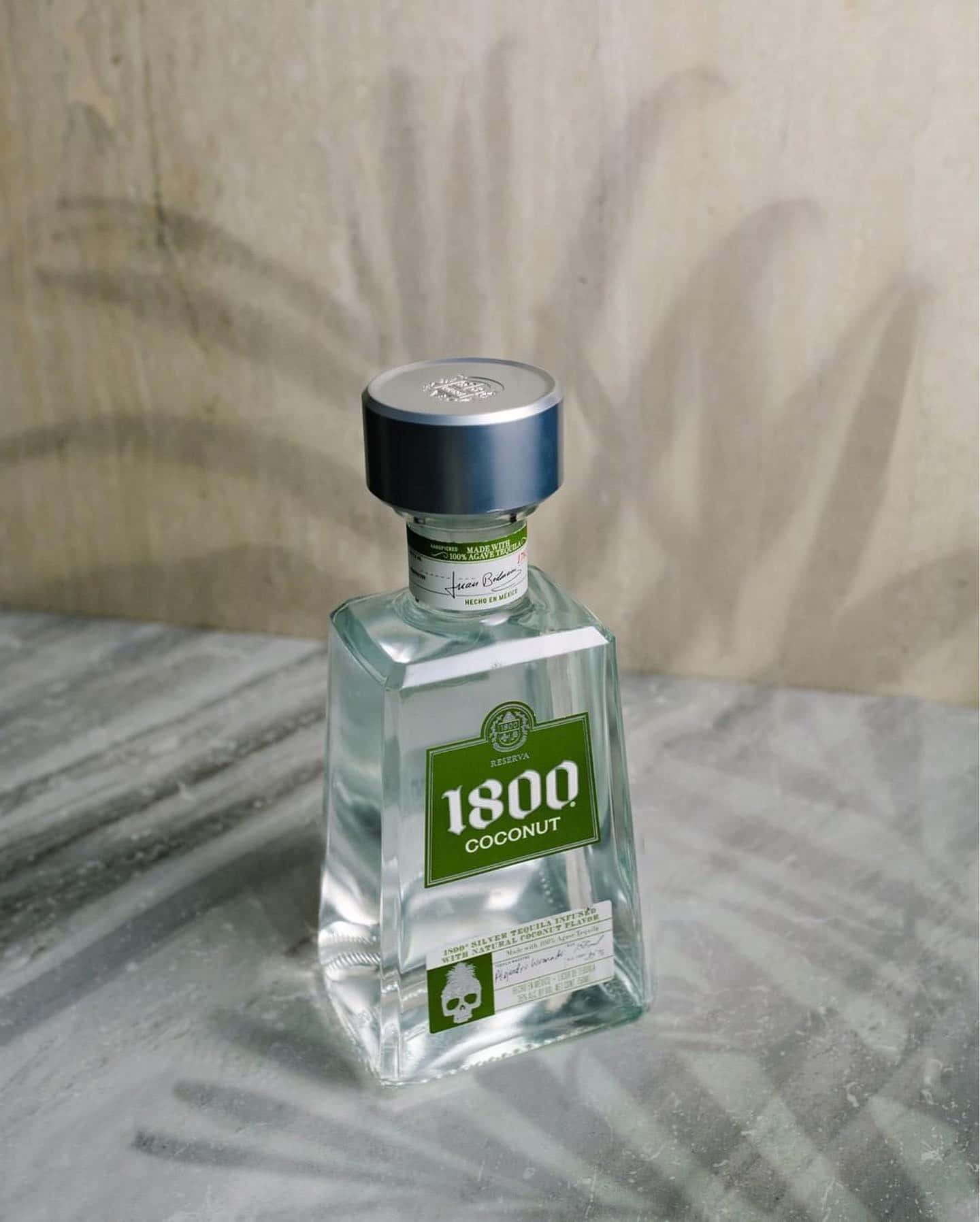 墨西哥品牌1800龍舌蘭酒Reserva椰子口味與椰子葉影 壁紙 — 一個透明的1800椰子龍舌蘭酒瓶放在大理石表面上，背後有紋理的牆壁上投射出棕櫚葉的影子。