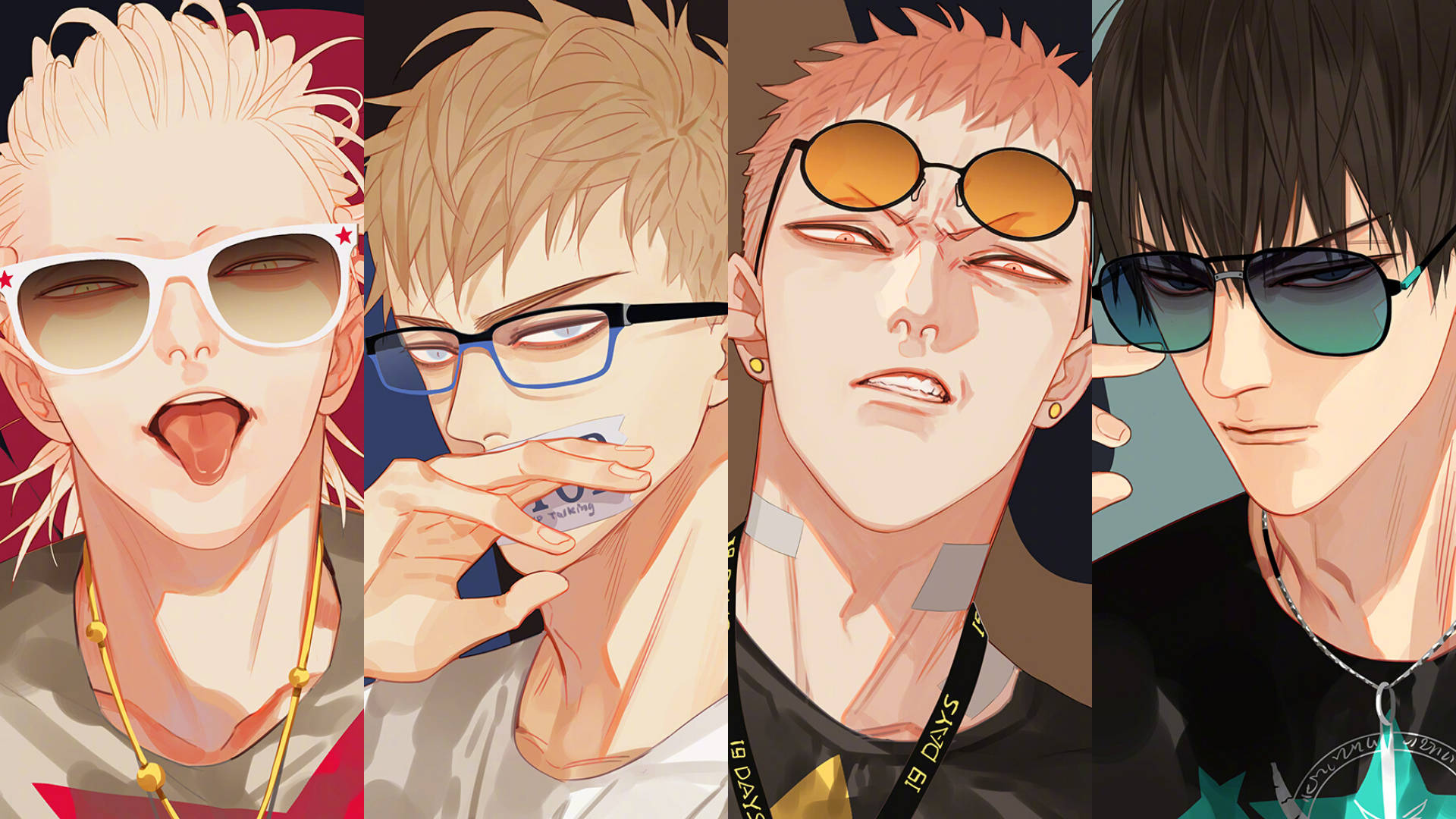19 Days 由 Old Xian 創作 壁紙 — 四個動漫風格男性角色，擁有不同的髮色和太陽眼鏡，在充滿活力的風格化肖像中自信地擺姿勢。