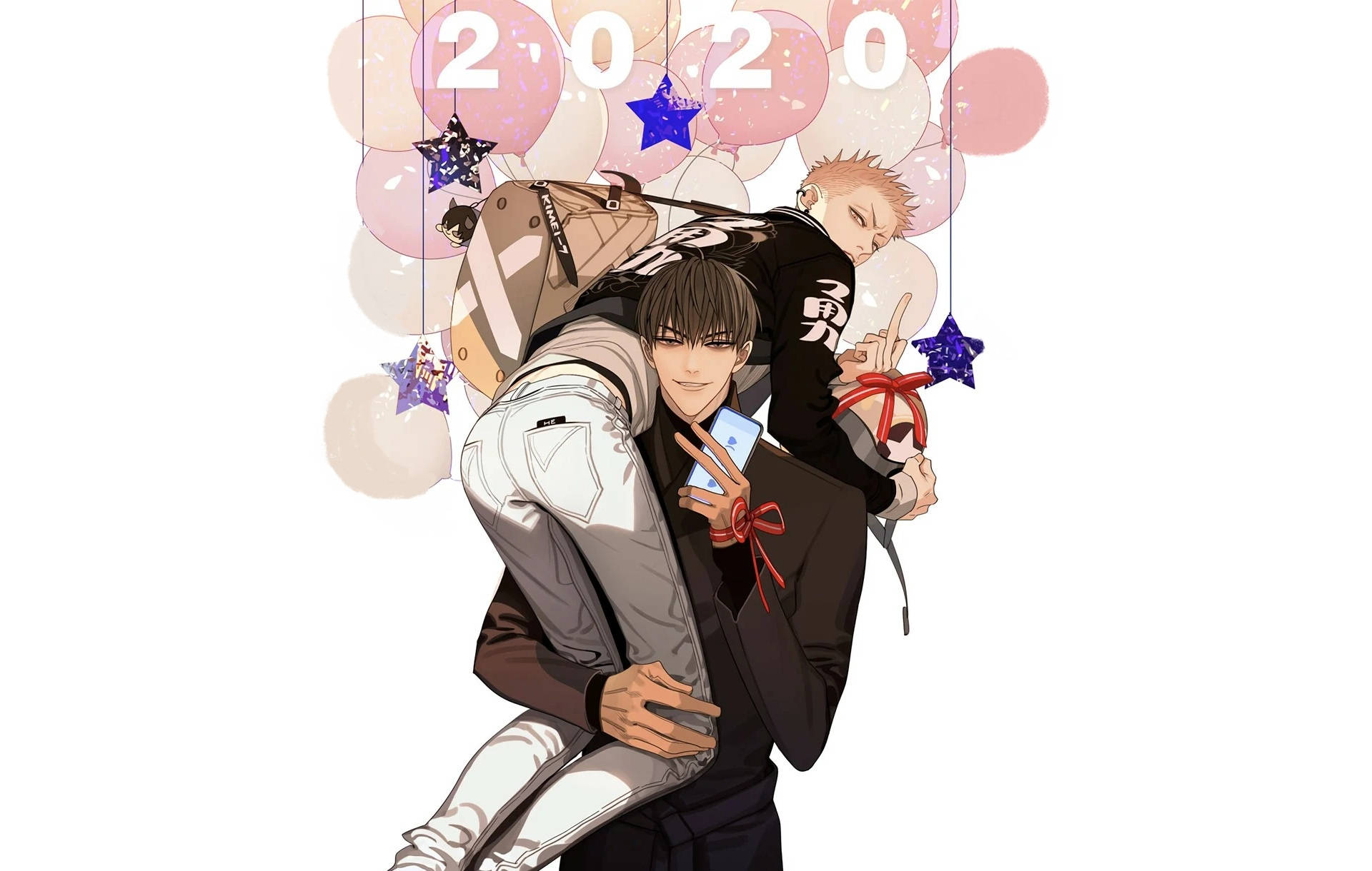 19 Days 天山夫婦 2020 新年特別版 壁紙 — 一個年輕男子背著另一個男子，周圍有漂浮的氣球和星星，上方有「2020」。