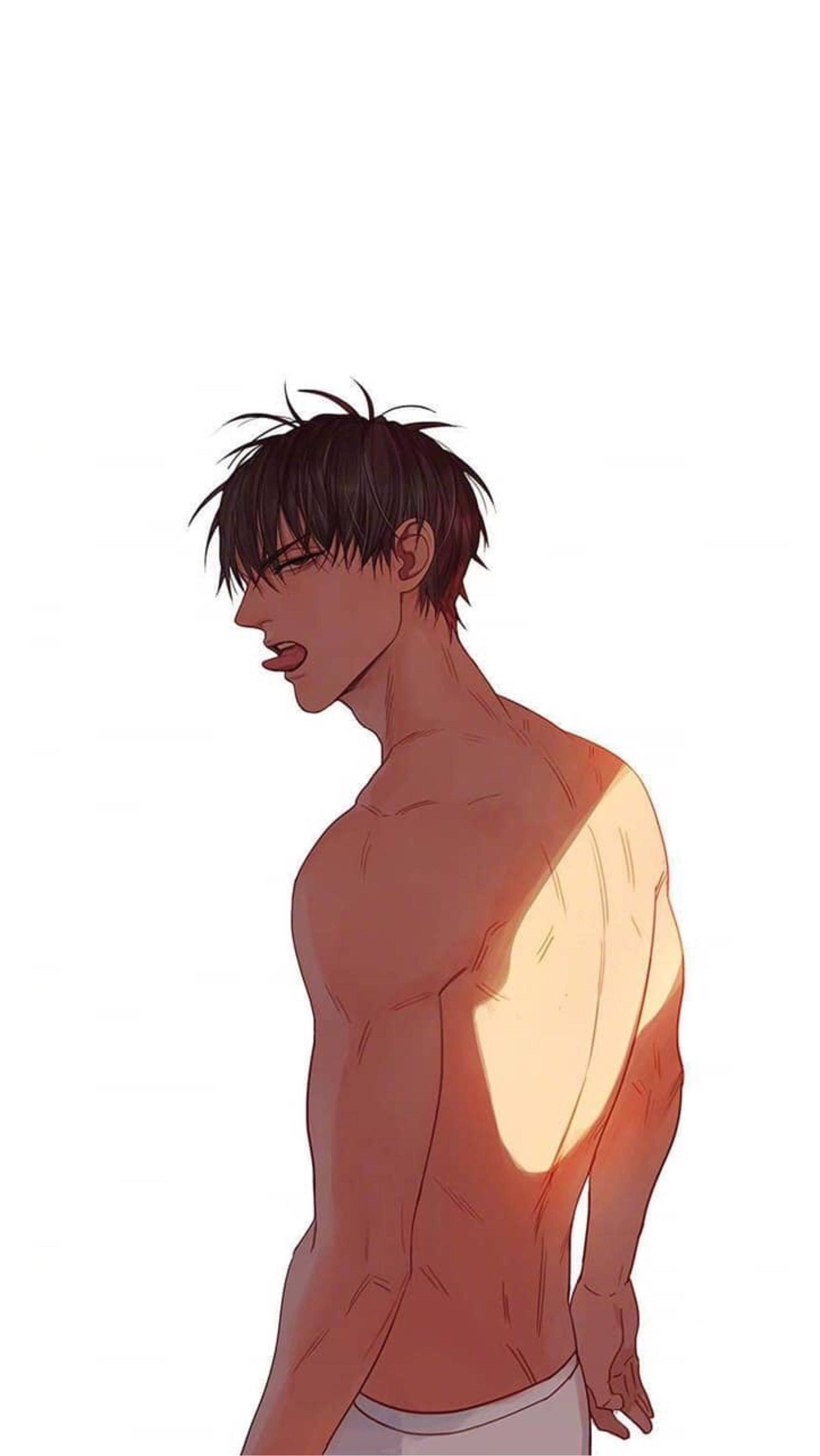 19 Days 帥氣 He Tian 壁紙 — 一個冇著衫嘅動畫男人，深色頭髮，側面企喺度，暖色光線喺純白背景上突顯佢肌肉發達嘅背脊。