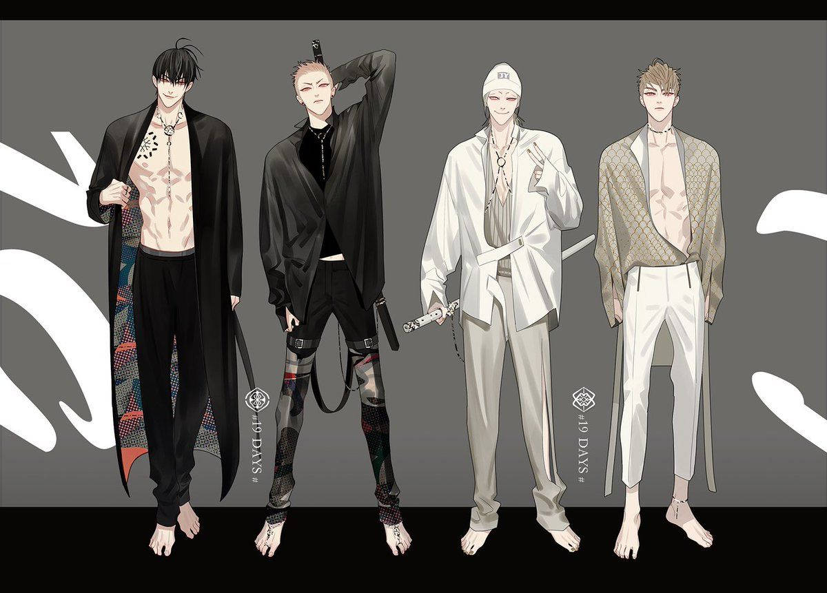 19 Days 黑白服裝 壁紙 — 四位時尚動漫男子穿著時尚服裝，在極簡灰色背景與抽象白色形狀前自信擺姿勢。
