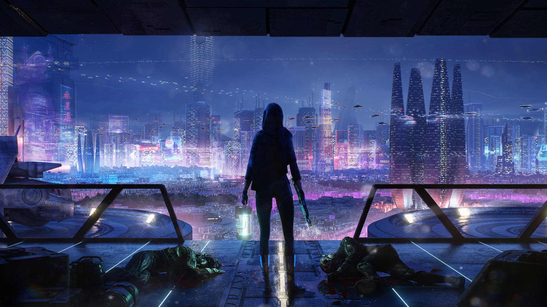 1920 x 1080 夜景城市神秘黑衣人 壁紙 — 一個孤獨的戴帽人物站在未來風格的陽台上，俯瞰夜晚霓虹燈閃爍的賽博龐克城市景觀，有發光的塔樓和飛行車輛。