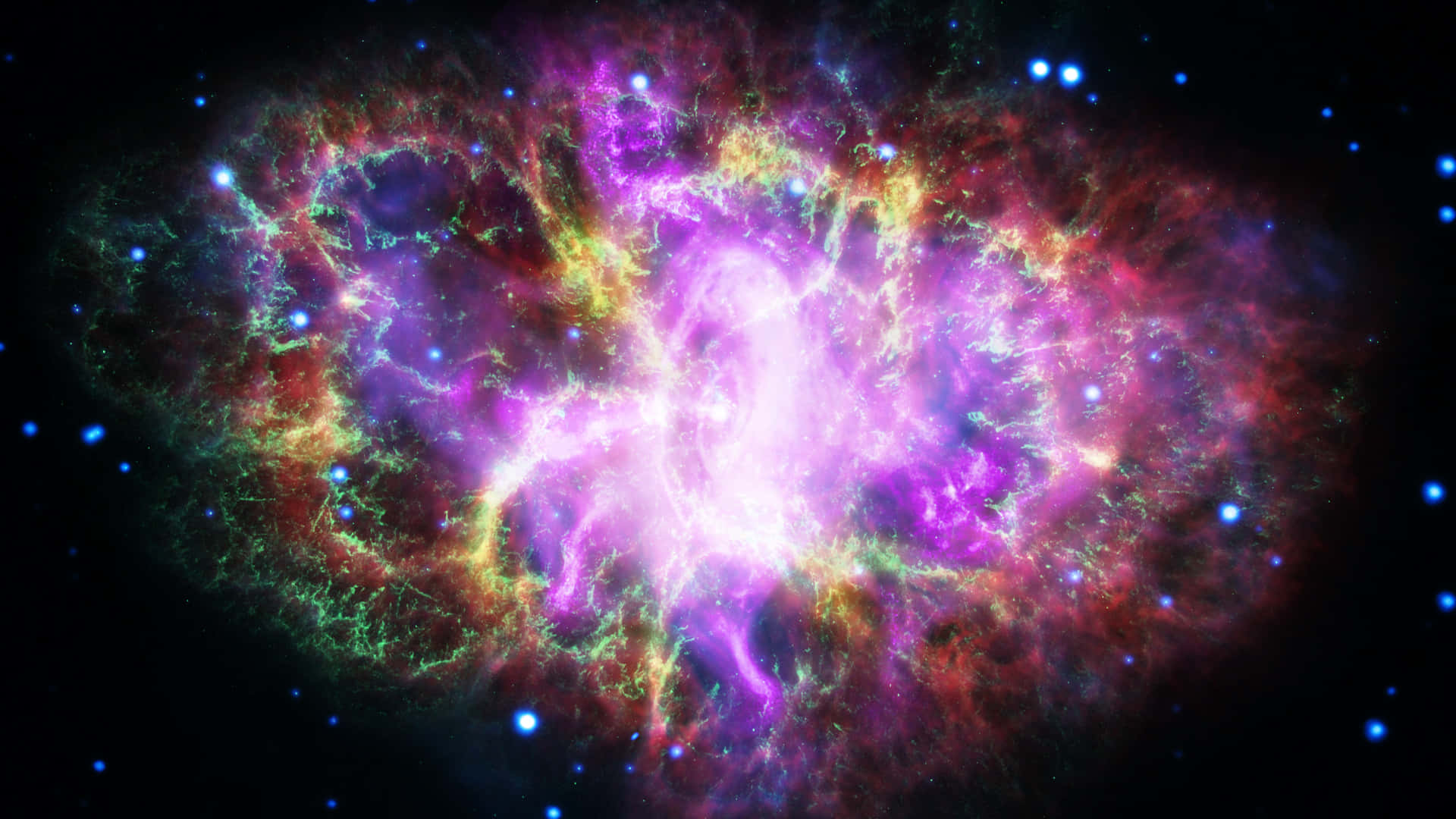 美麗多彩的1920 x 1080星雲 壁紙 — 一個充滿活力的宇宙星雲在佈滿星星的黑色虛空中爆發著紫色、粉紅色和綠色的氣體。