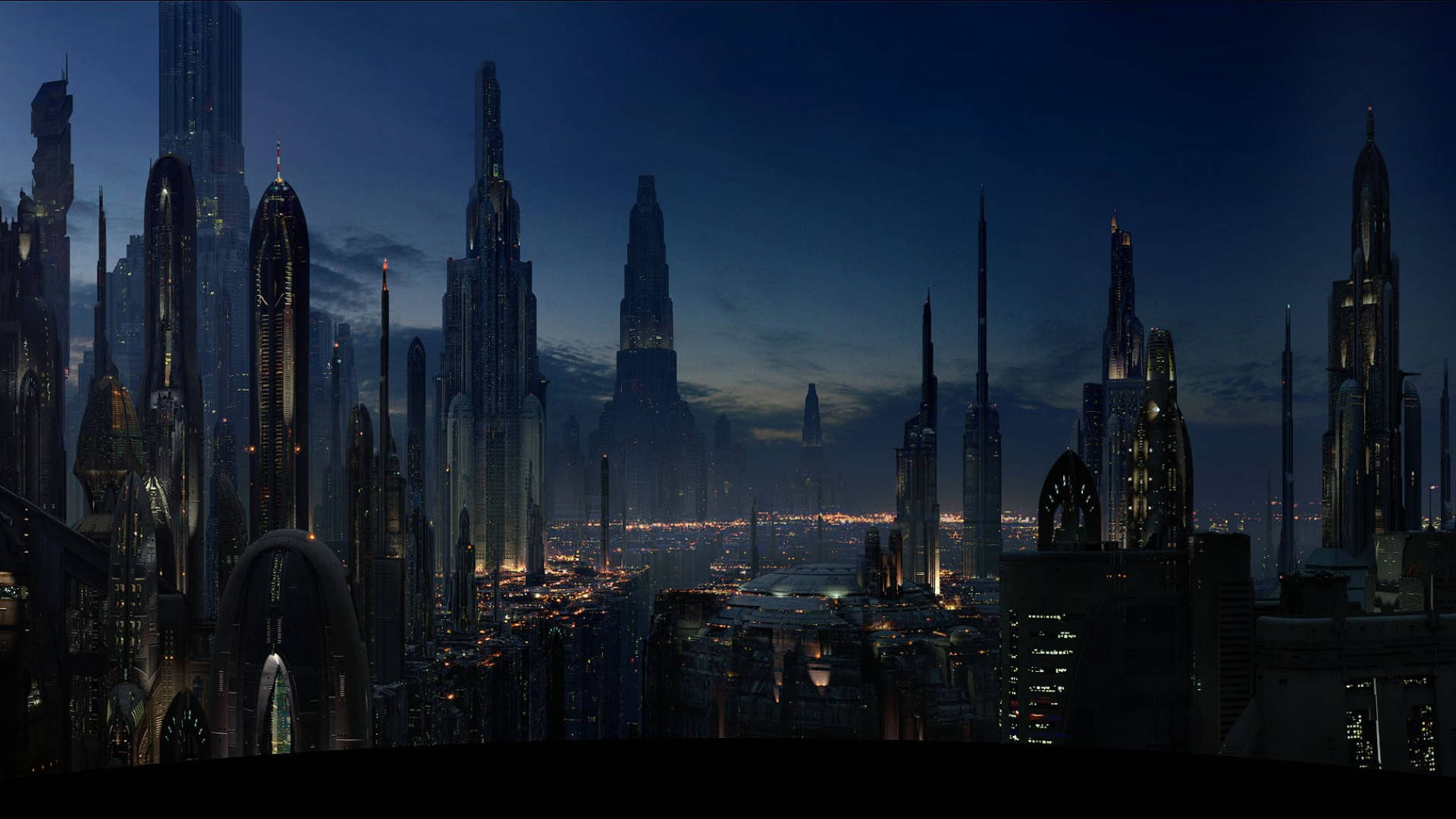 黃昏時分的未來城市天際線，閃耀的摩天大樓和深藍色天空。