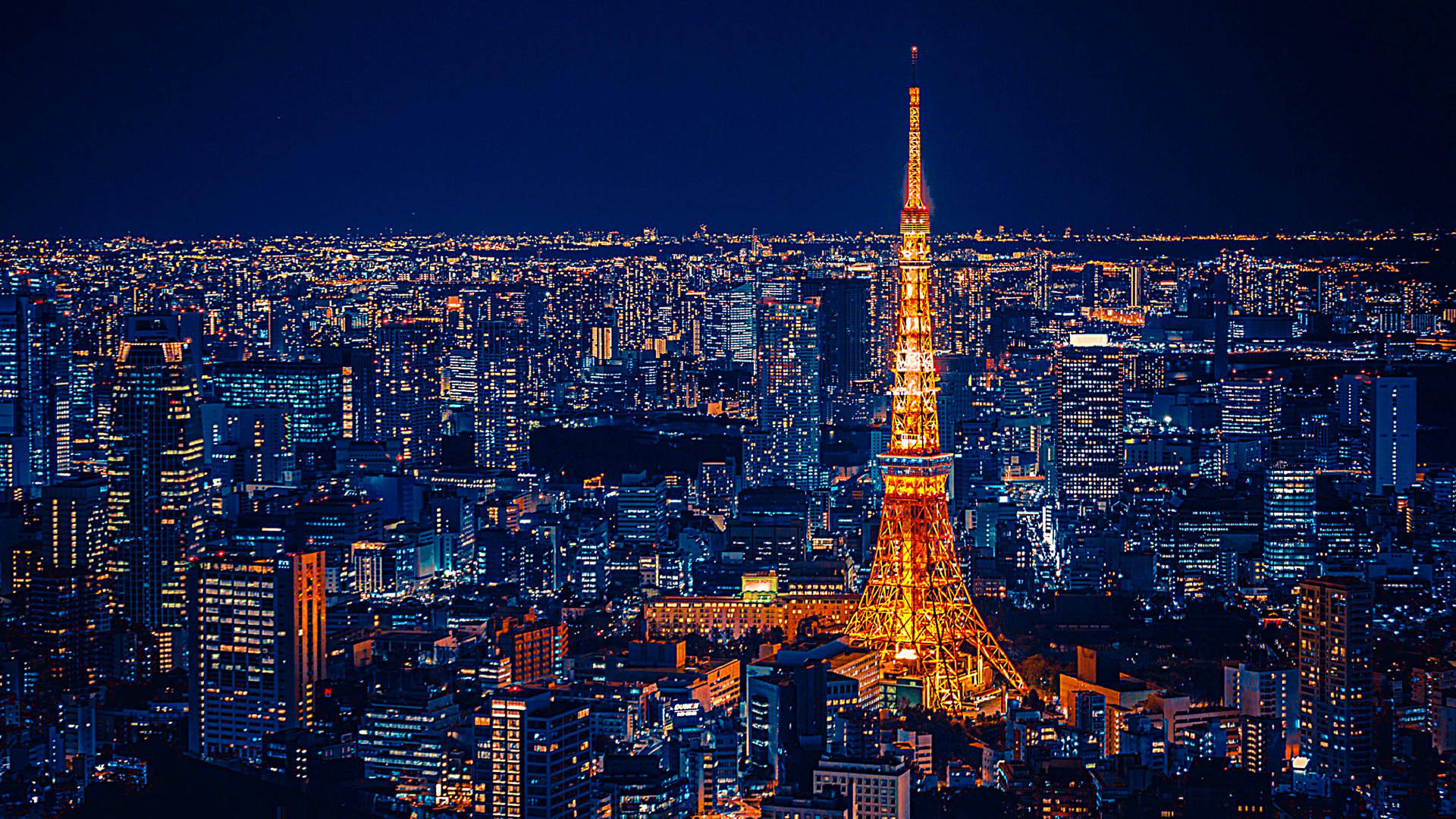 夜晚的東京塔亮起燈光，下方城市燈光閃爍。