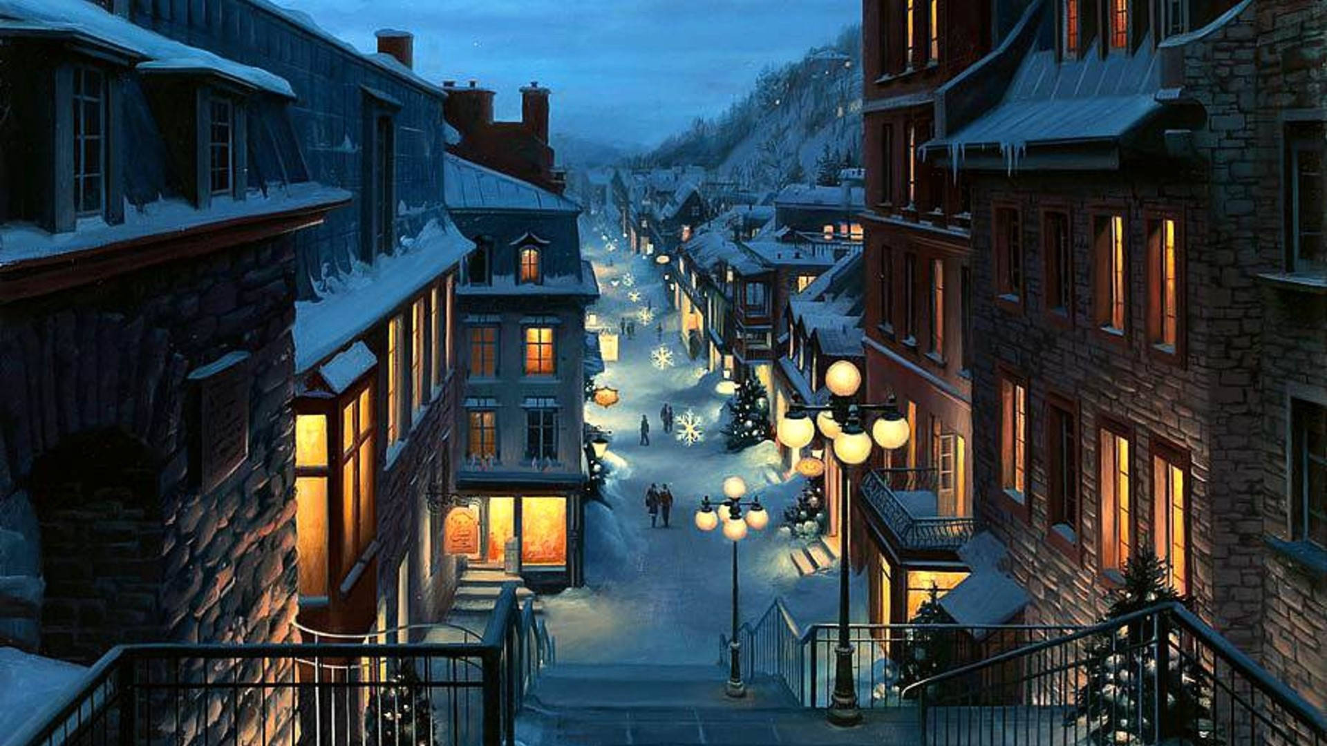 1920 X 1080 夜間城市雪景 壁紙 — 白雪覆蓋著一個舒適的山村街道，在暮色中，溫暖的燈光從窗戶中閃爍，路燈照亮了寧靜的小徑。