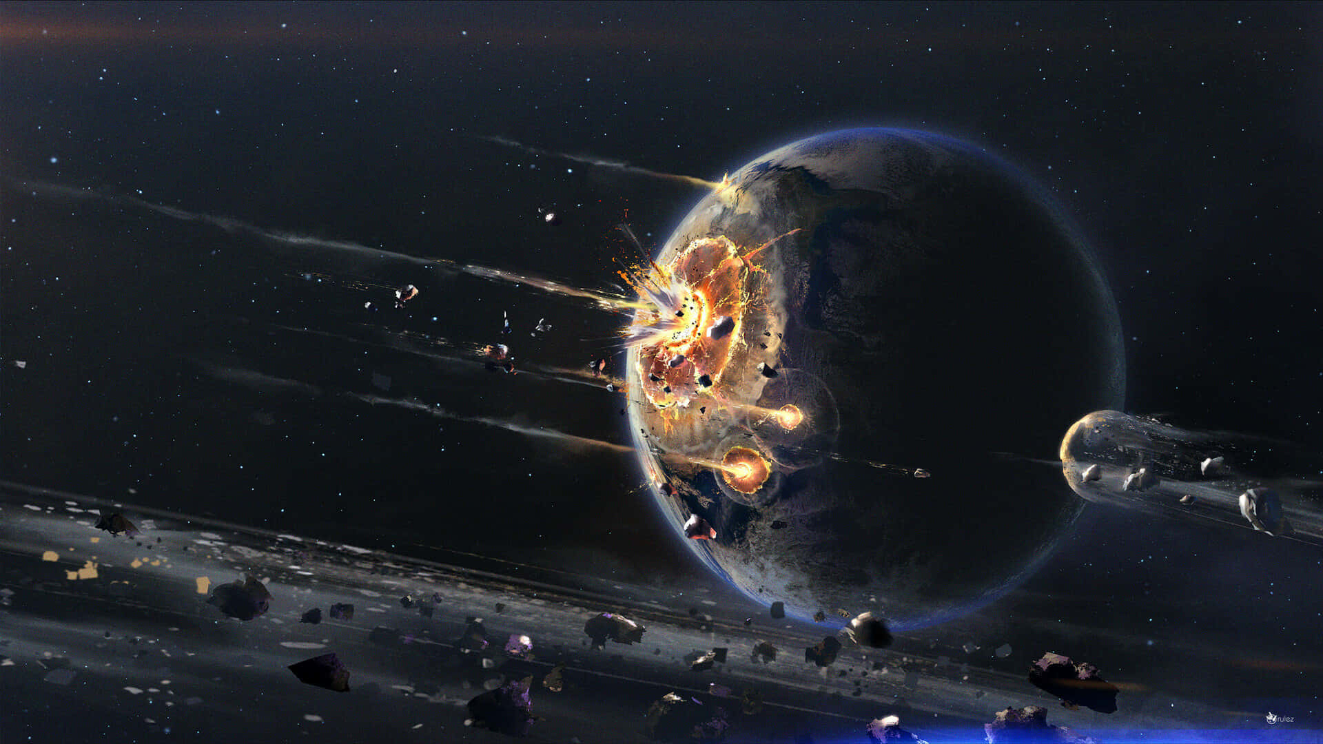 行星與小行星和太空船在太空中爆炸