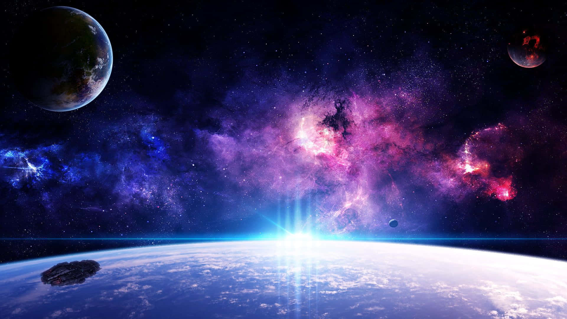 從太空觀看地球在宇宙日出時的情景，伴隨著色彩繽紛的星雲和遙遠的行星。