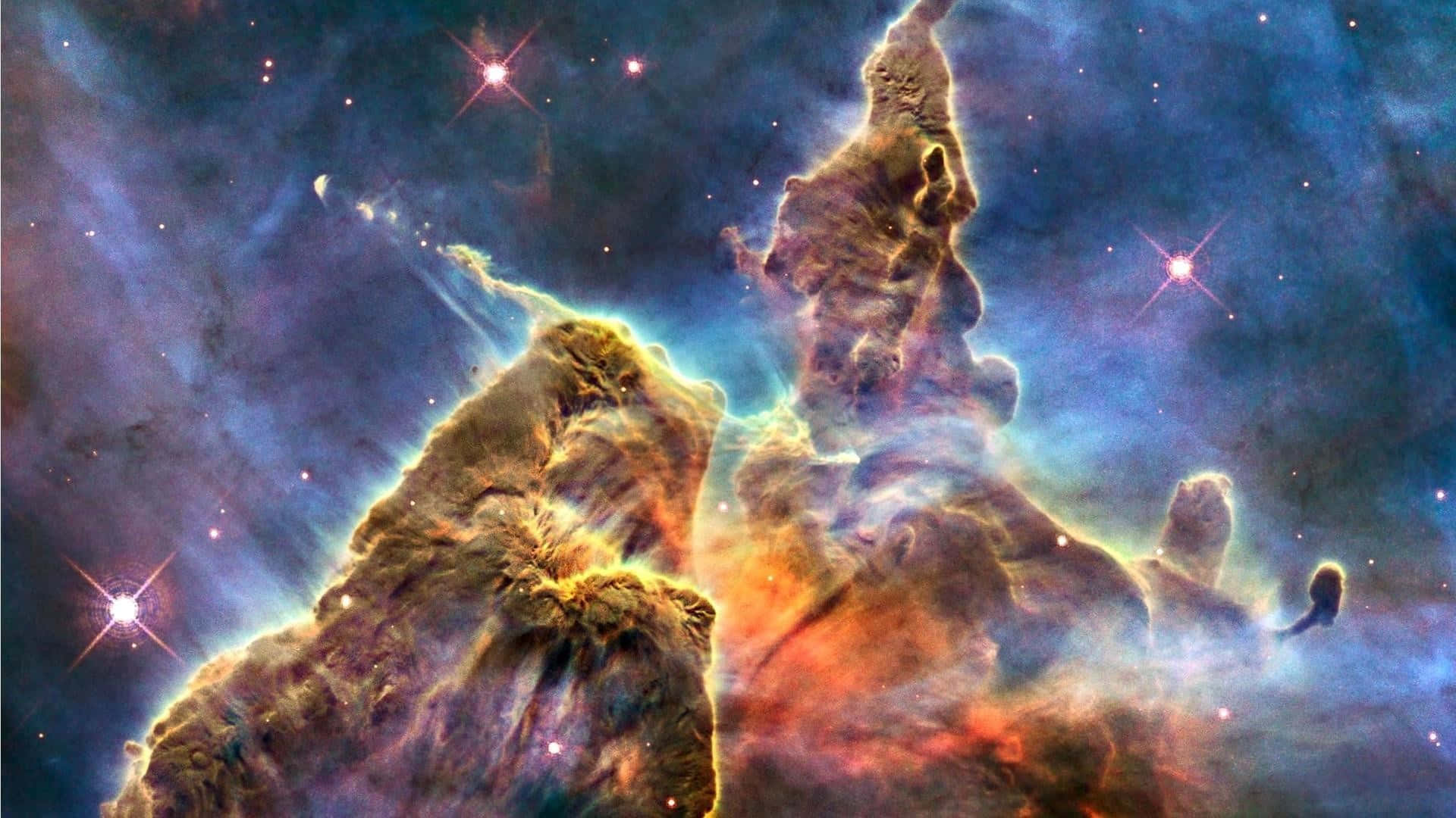 在太空中發光的氣體和塵埃柱，伴隨著明亮的星星。