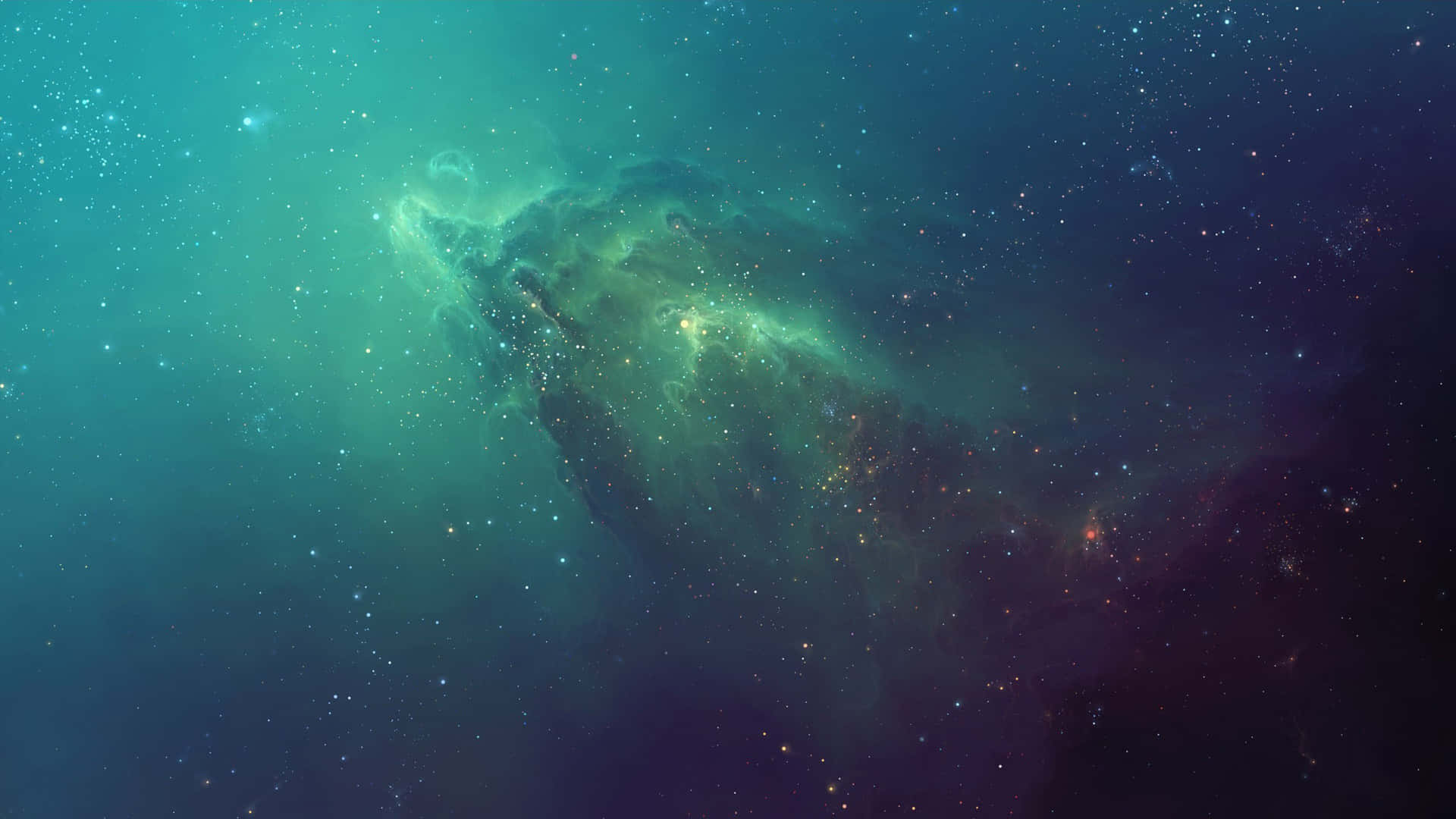 一個充滿星星的發光綠色和藍色星雲，位於深空之中。