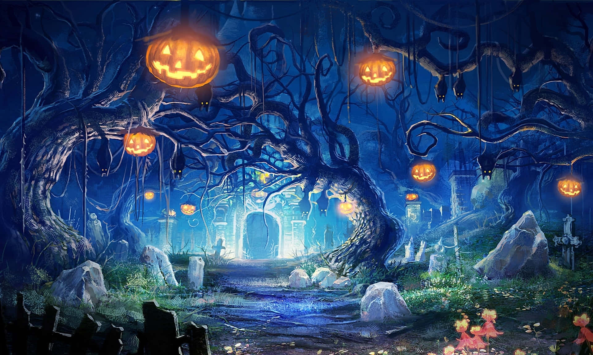 1920 x 1080 解析度的詭異萬聖夜 壁紙 — 夜晚一個令人毛骨悚然的萬聖節森林，扭曲的樹上掛著發光的傑克南瓜燈，遠處有一個發光的拱門。