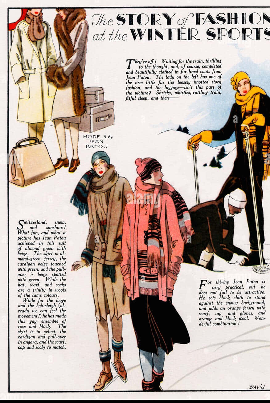 1920年代Jean Patou滑雪度假穿搭插畫 壁紙 — 復古時尚插圖描繪了在雪山背景下穿著冬季運動服裝的時尚女性。