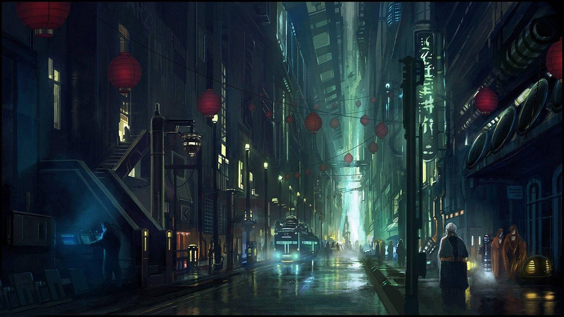賽博龐克 1920x1080 未來都市街景 壁紙 — 夜晚霓虹燈照亮的賽博朋克小巷，濕漉漉的路面反射著紅色燈籠的光芒，遠處有發光的車輛。