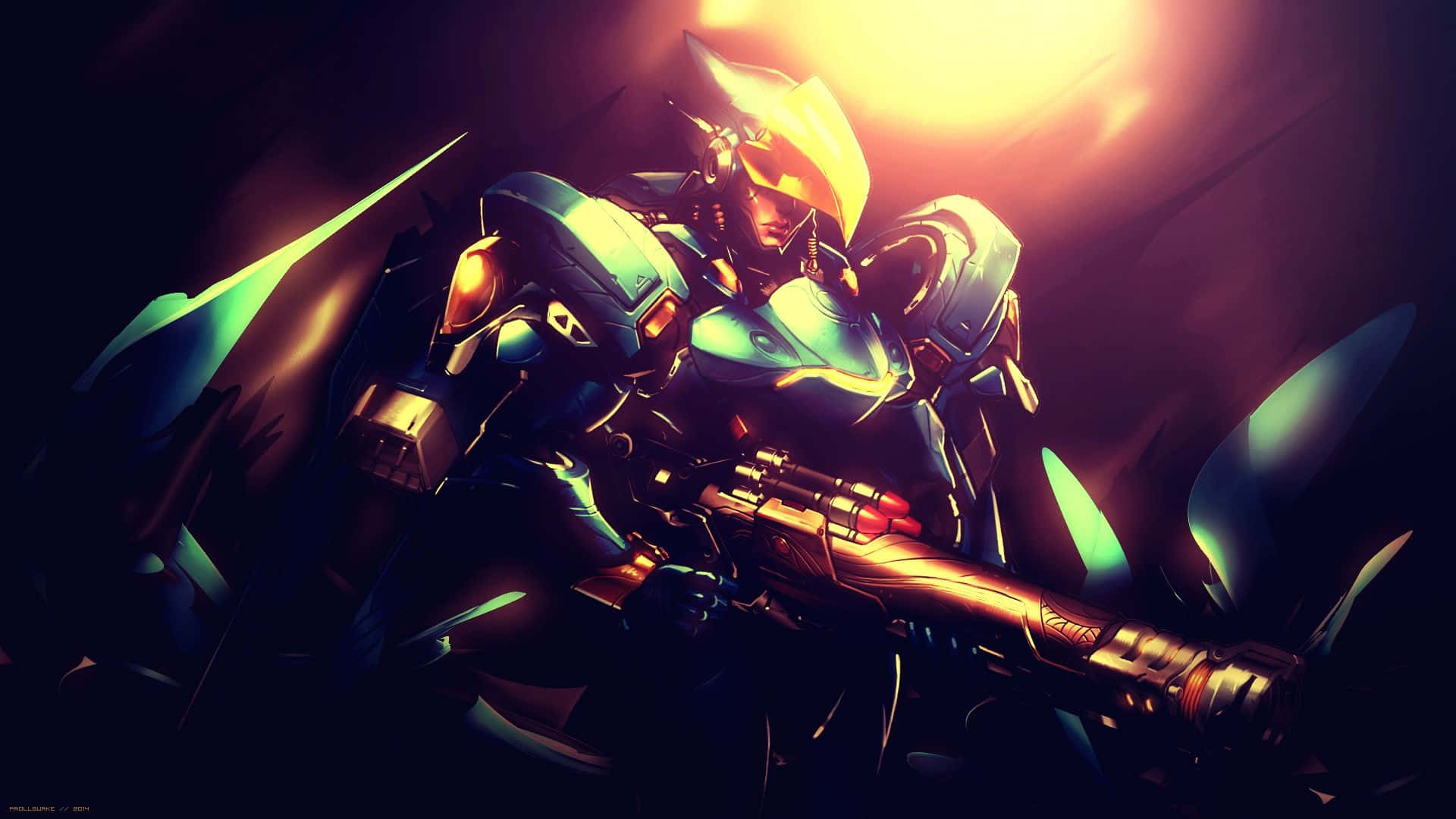 1920x1080《守望先鋒》法拉背景 壁紙 — 一個發光的裝甲戰士，戴著頭盔和武器，在黑暗背景下以戲劇性的背光站立。