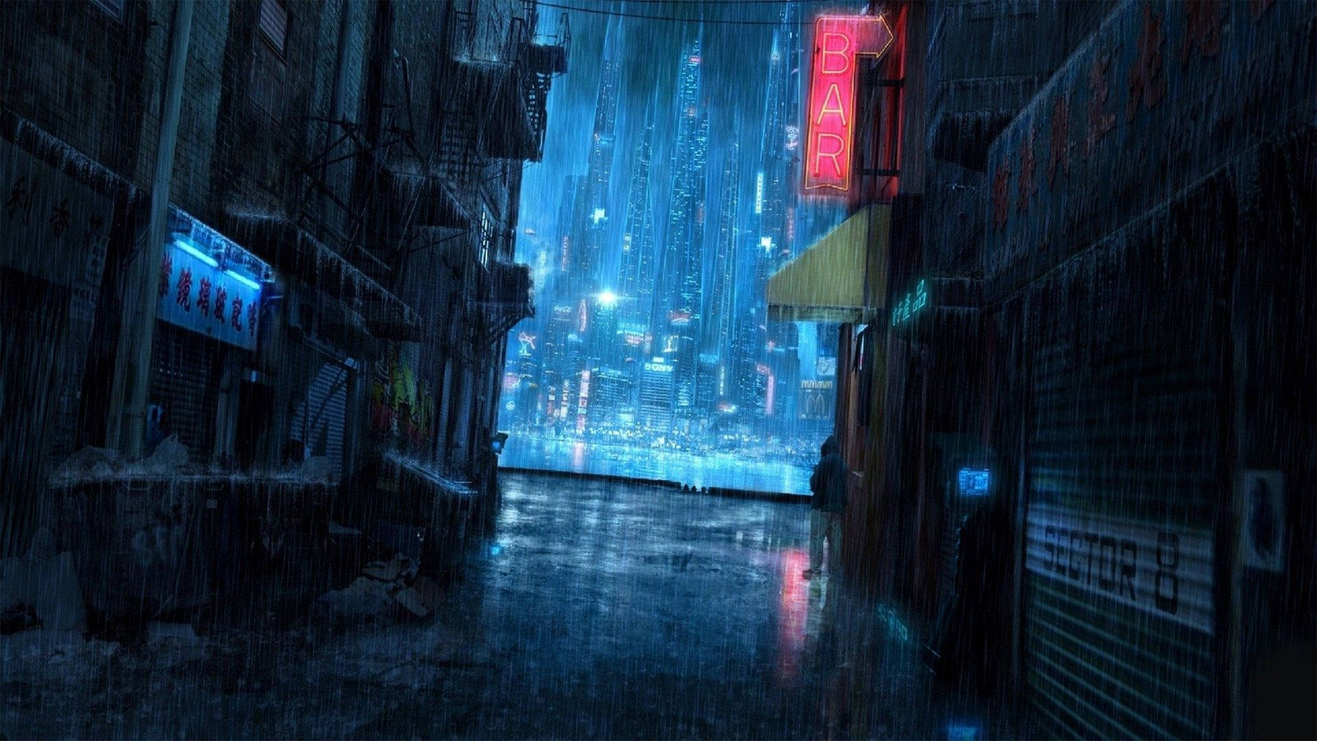 賽博朋克 1920x1080 雨巷斜角鏡頭 壁紙 — 雨濕的小巷通向一個發光的霓虹燈賽博朋克城市景觀，帶有紅色酒吧標誌和潮濕的反光街道。